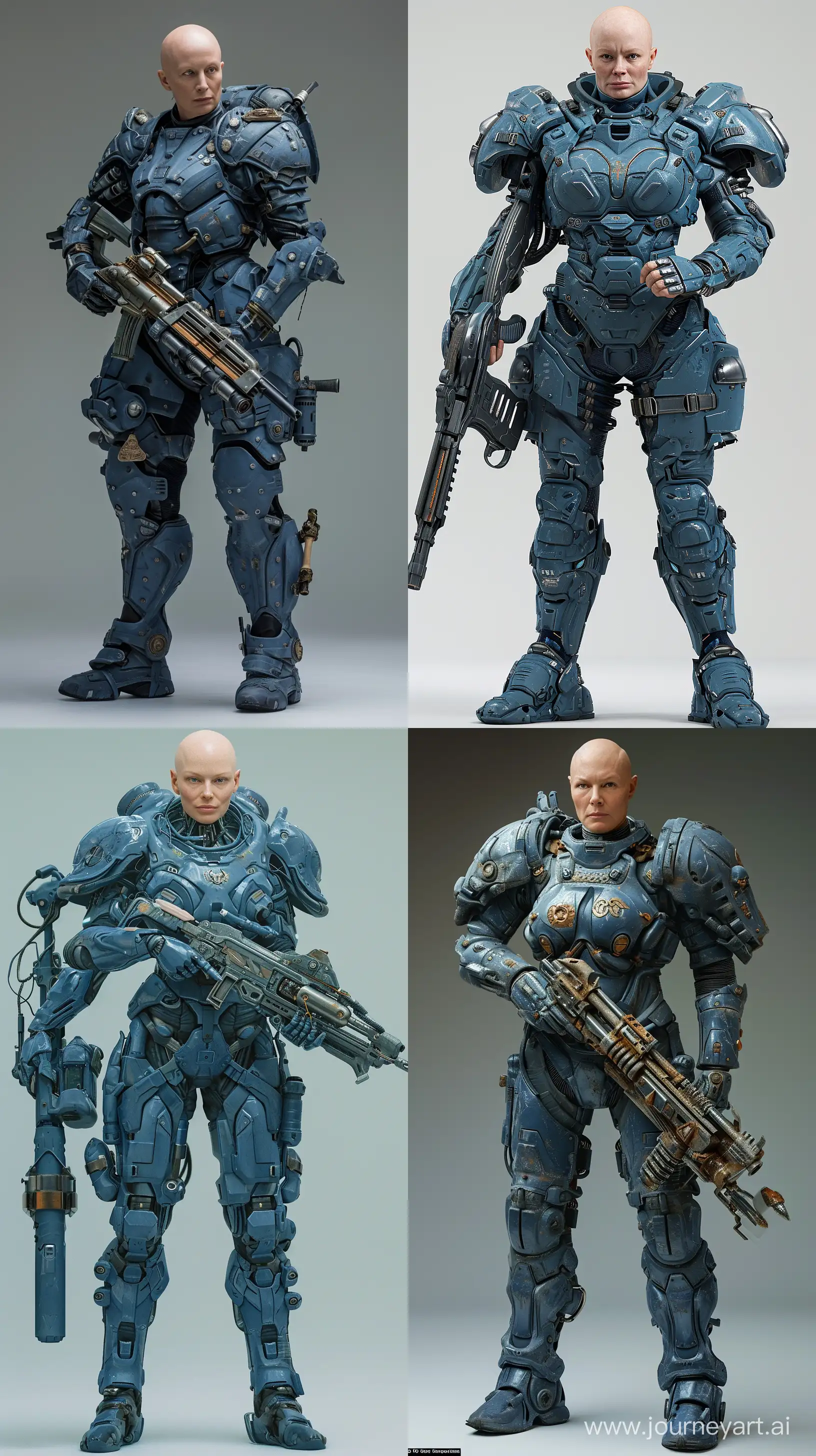 A tall bald version of Gillian Anderson wearing a suit of futuristic blue military space marine armor and holding a futuristic metal rifle. entire body shown. feet shown. --ar 9:16 