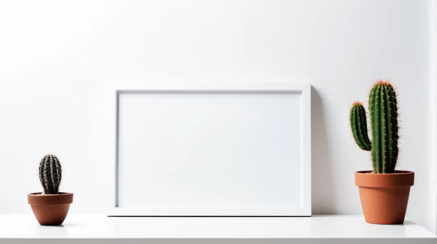 Rectangular photo frame on the desk. The frame is in a horizontal position. Artistic minimalistic desk. One mini cactus on the left to the frame, one mini cactus on the right to the frame. Beautiful. Bright. White wall.