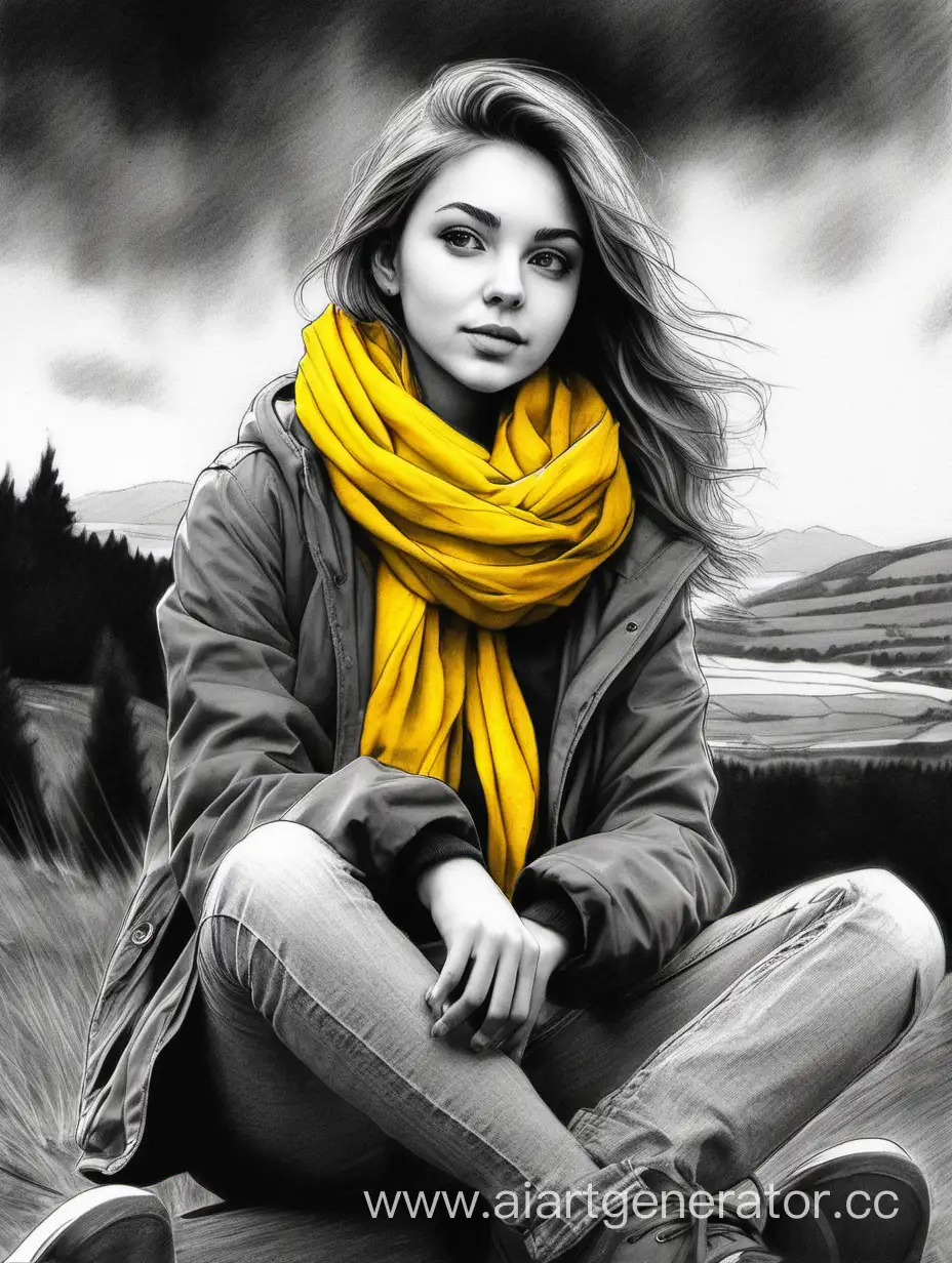 pencil art, black and white colors, 20yo girl, yellow scarf, grey jacket, sitting,  scenic view, bonfire