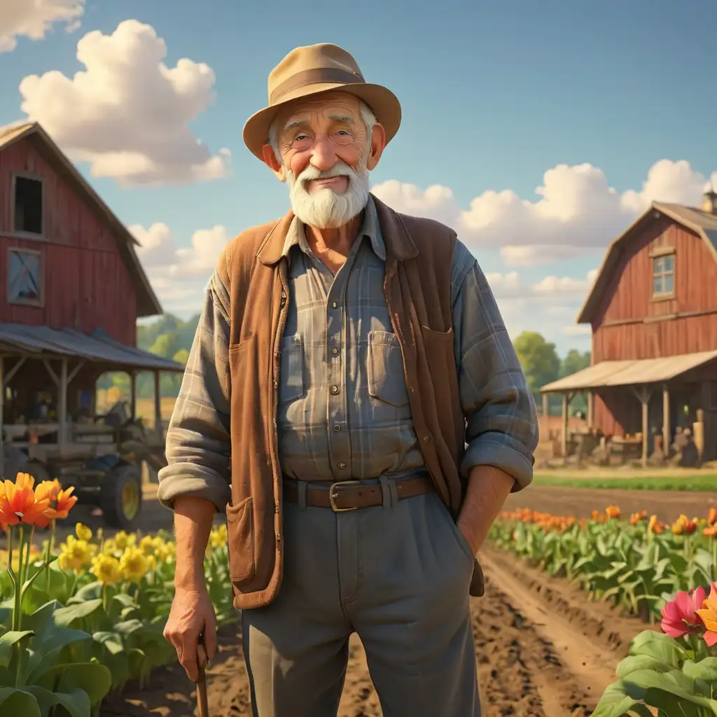 Create a 3D illustrator of an animated scene of a old man in his 70s is standing after preparing the farm land for planting in a huge farm field. Beautiful, colourful and spirited farm background illustrations.