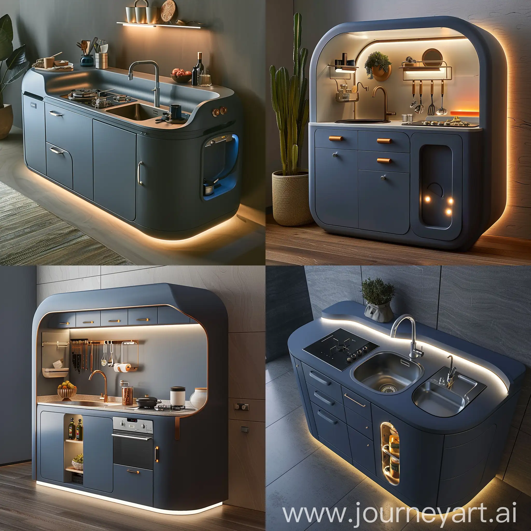 Современная умная мини кухня , скрученными углами ,кухня должна быть с подсветкой , в кухне есть раковина , шкафы для хранения, варочная панель, с синем и ручками 