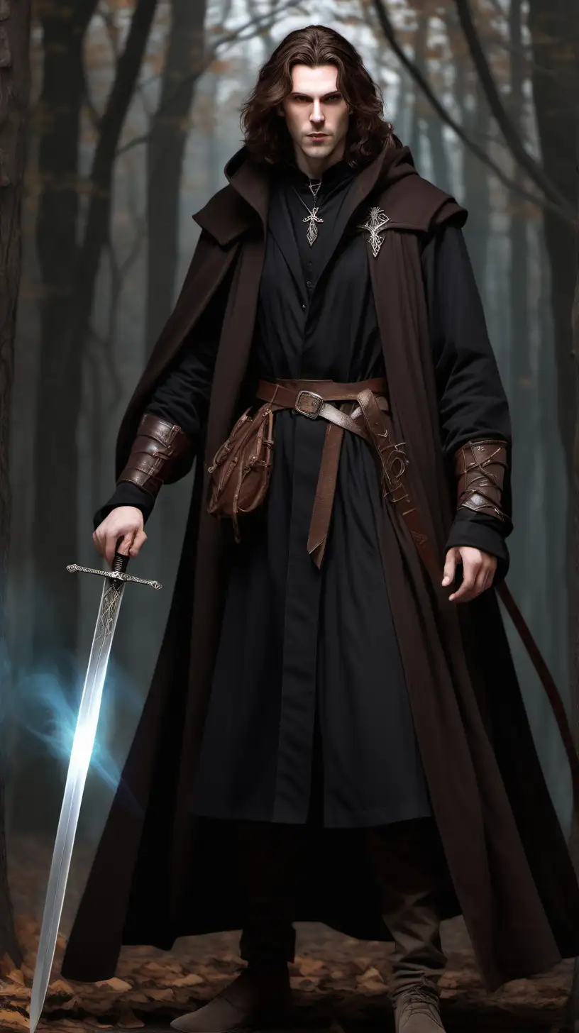 Handsome White male wizard with brown hair wearing dark long coat with a sheathed longsword in a realistic dnd style
