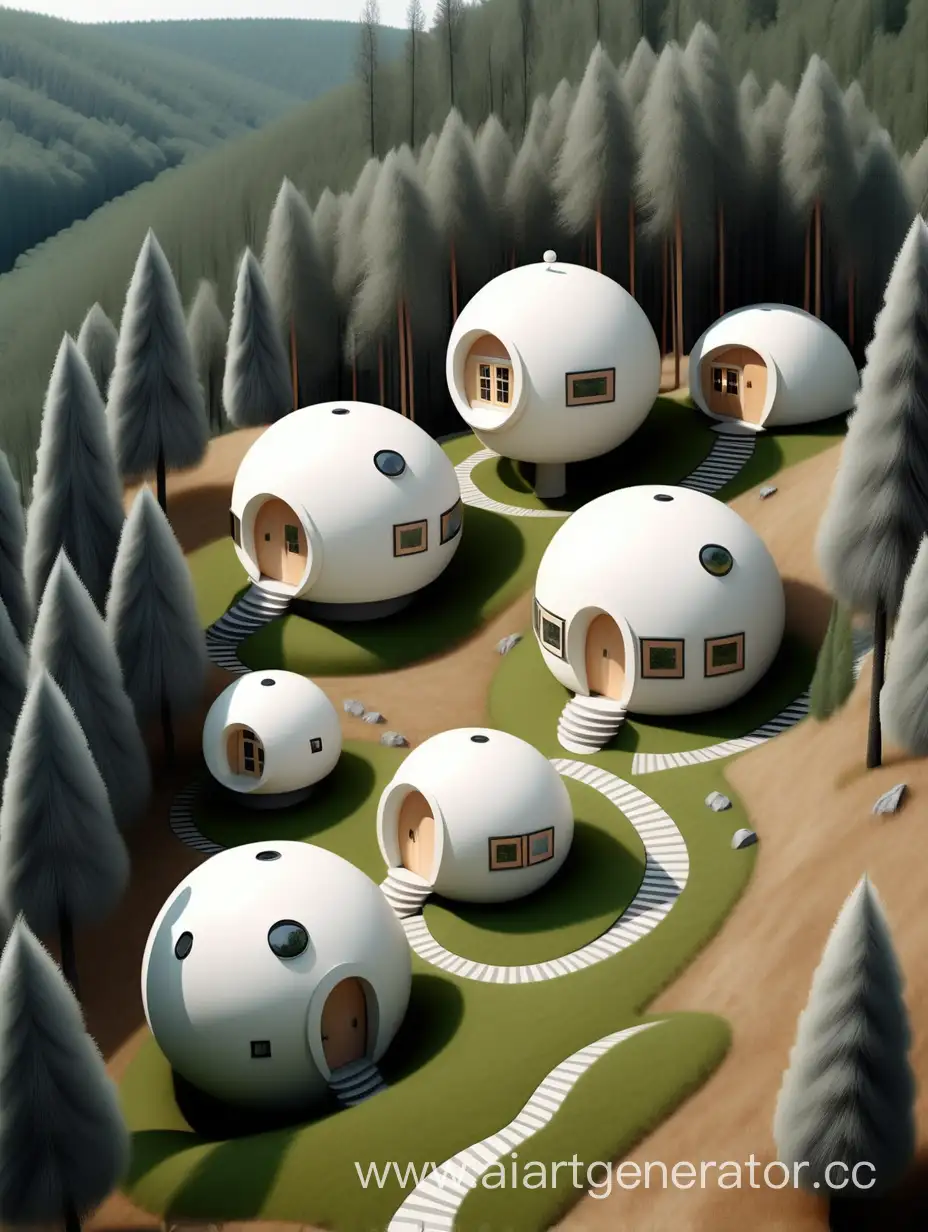 белые сферические домики на разных высотах в три уровнях в шахматном порядке среди леса на холме. рядом цветут высокие сосны. у подножия холма протекает ручей
