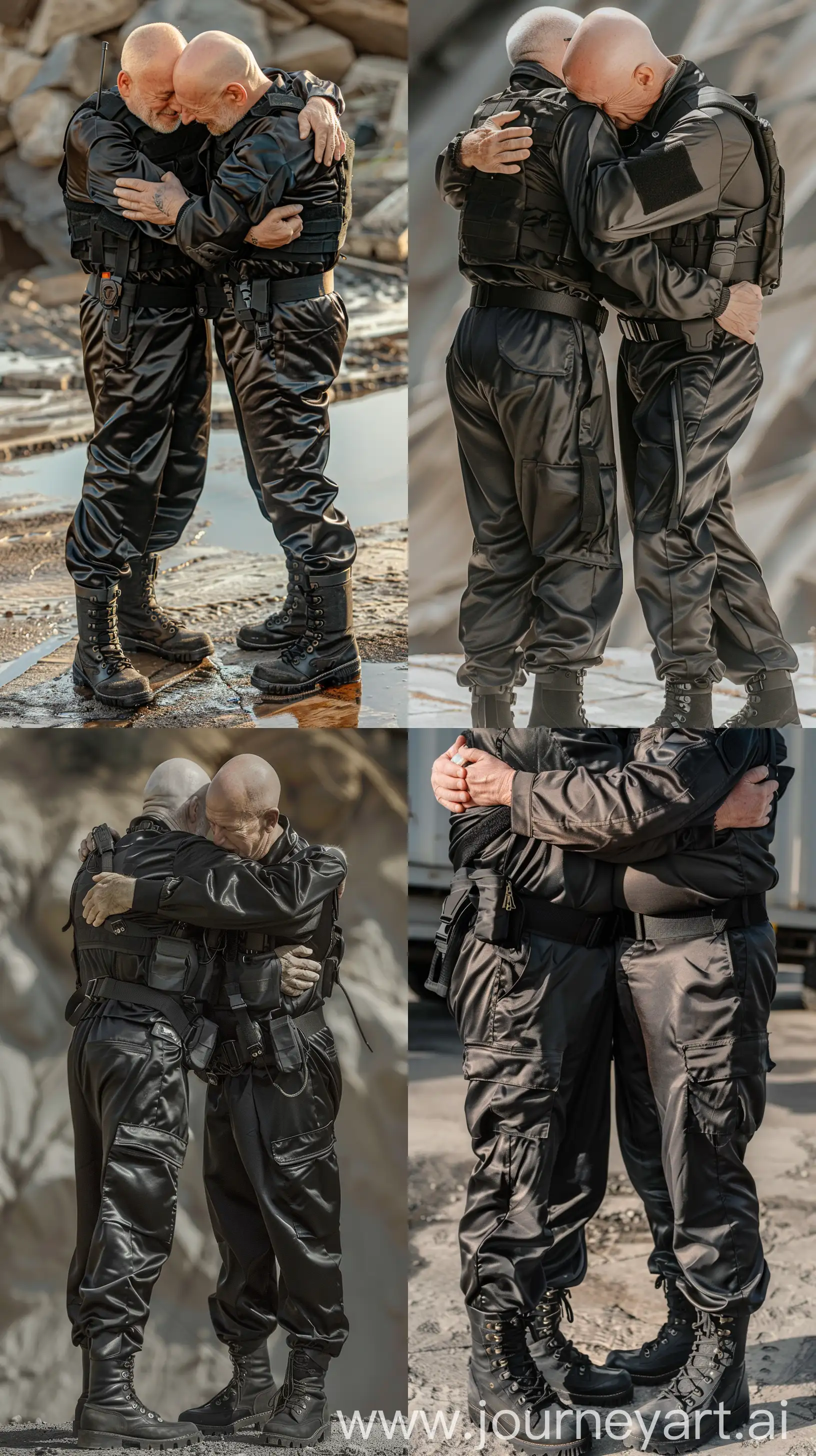 High-angle close-up front view photo of two fat man aged 60 wearing a silk black security guard skinny-fitted full coverall tucked in black tactical hiking boots. Black tactical belt. They are hugging each other. Bald. Clean Shaven. Natural light. --style raw --ar 9:16