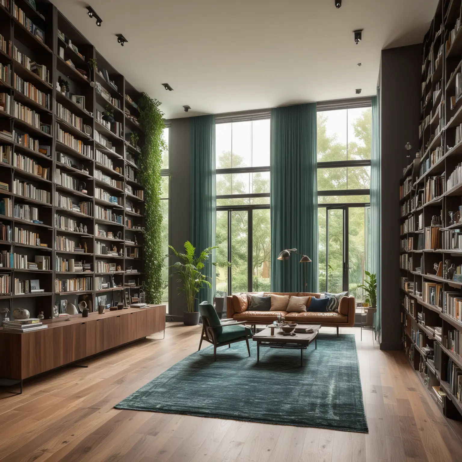 Modern Luxurious Living Room Design with Skylight and Library