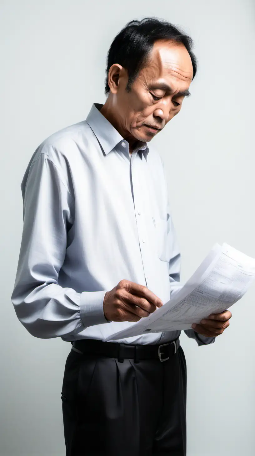 a 60 year old south east asian man with skinny figure, black short thin sleek hair, full face big forehead, looking down at a document, side profile white background
