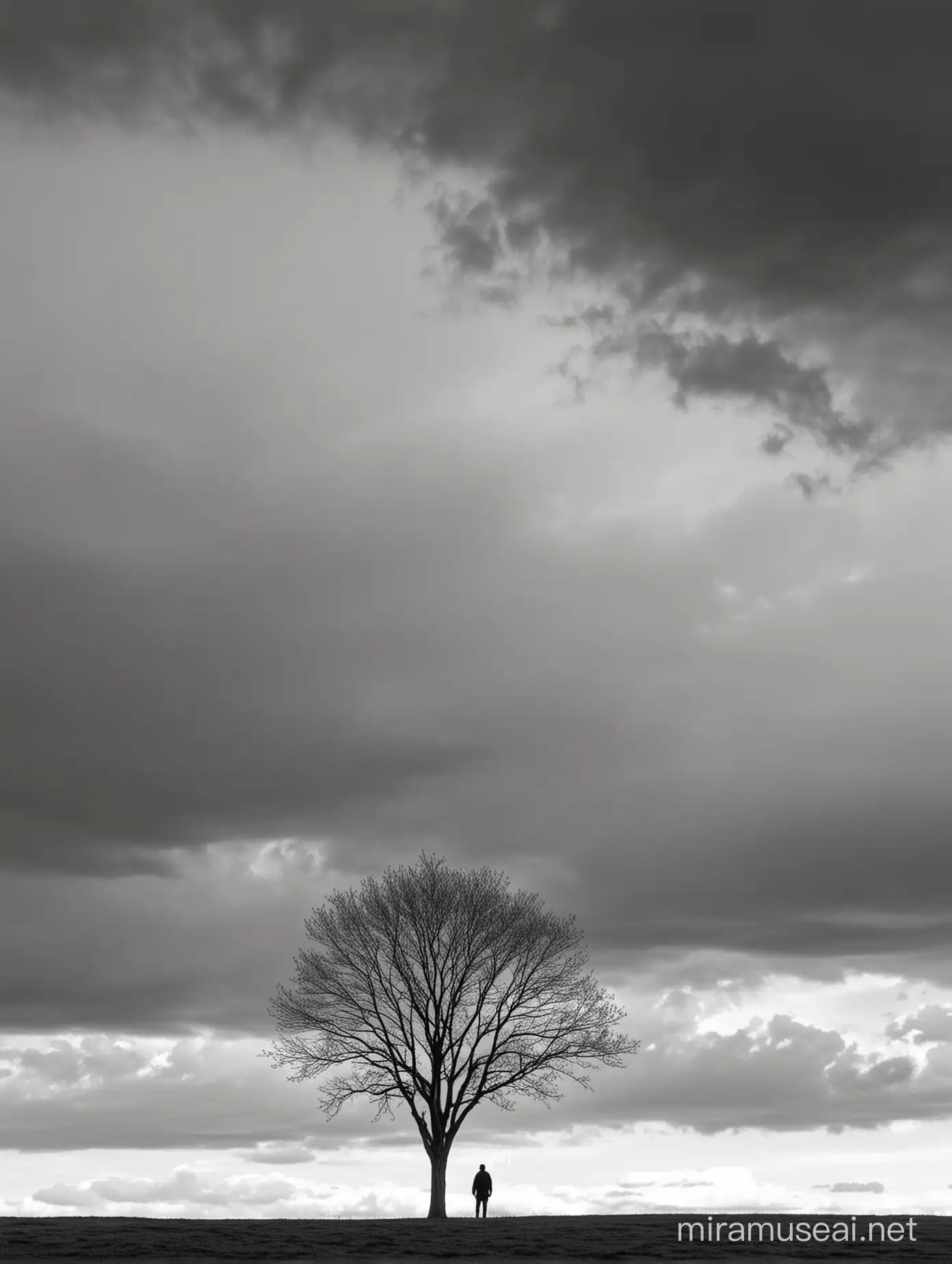 سیاه و سفید.مینیمال درخت از فاصله خیلی دور .ابر در آسمان.مرد کنار درخت