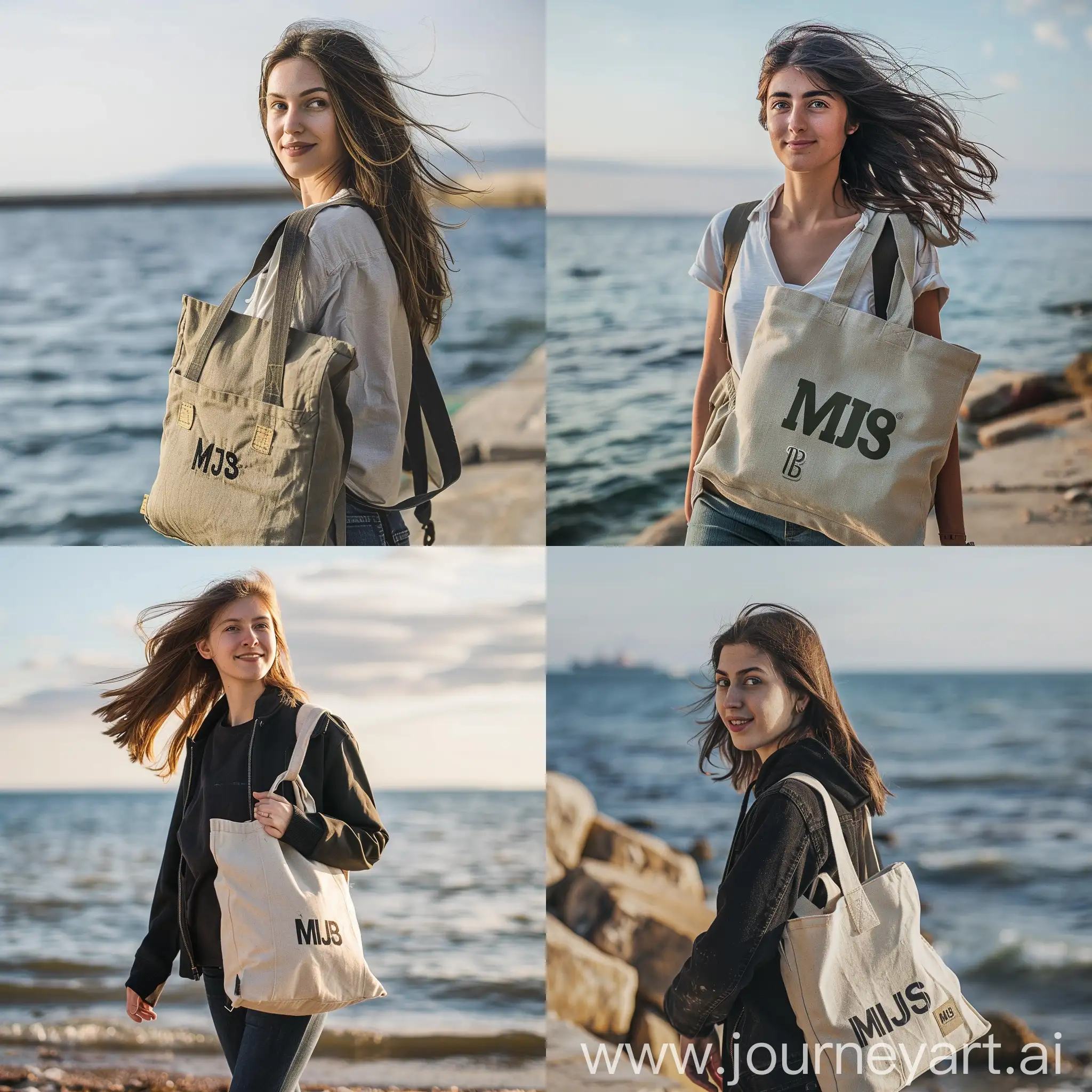 A young woman is carrying a canvas bag with MJS printed on it. Walking by the seaside feels very relaxed.
