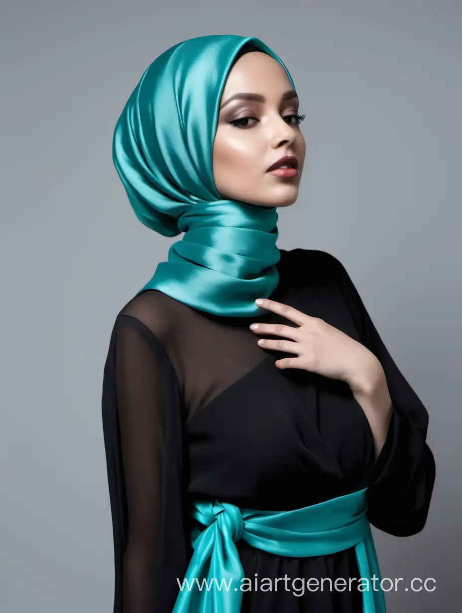 Женщина в шелковом хиджабом бирюзового цвета (завязанный вокруг шеи), черное платье из шифона, большая красивая грудь