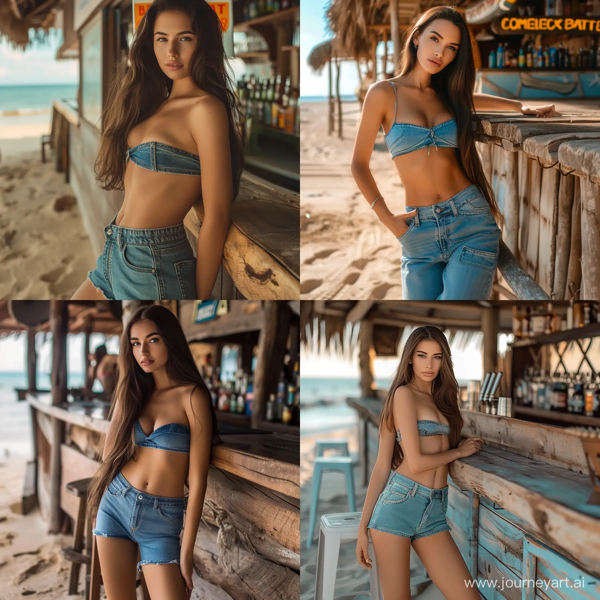 slim hour glass physique, brunette model that dose not exist in real life, wearing denim hot pants,  leaning against a beach bar