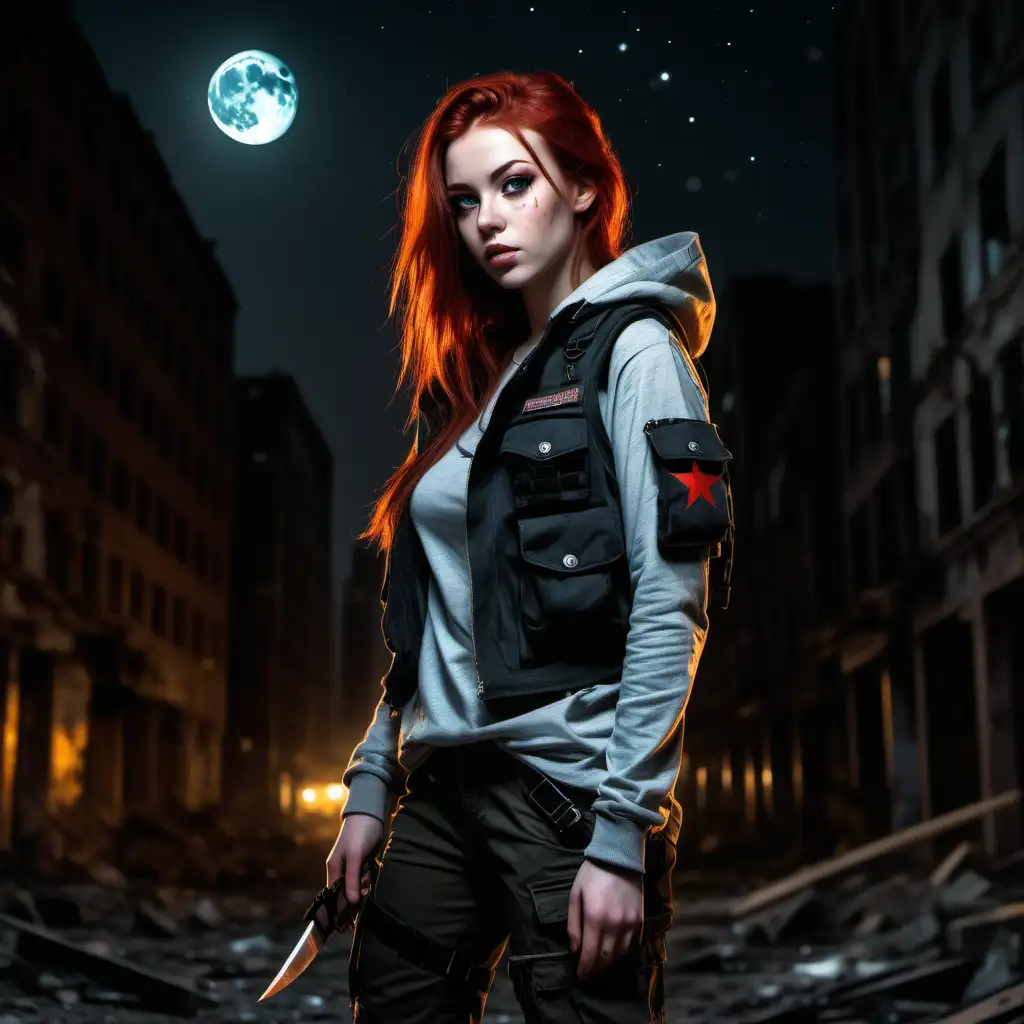 A beautiful 23 year old girl, standing in a dark descicrated city, night time, lots of shadows, one moon with lots of stars, she has mid length red hair, bushy eyebrows, beautiful eyes, flawless skin she's wearing tight dark cargo pants, military boots, a hoodie with bullet proof vest on top, holding a hunting knife in each hand