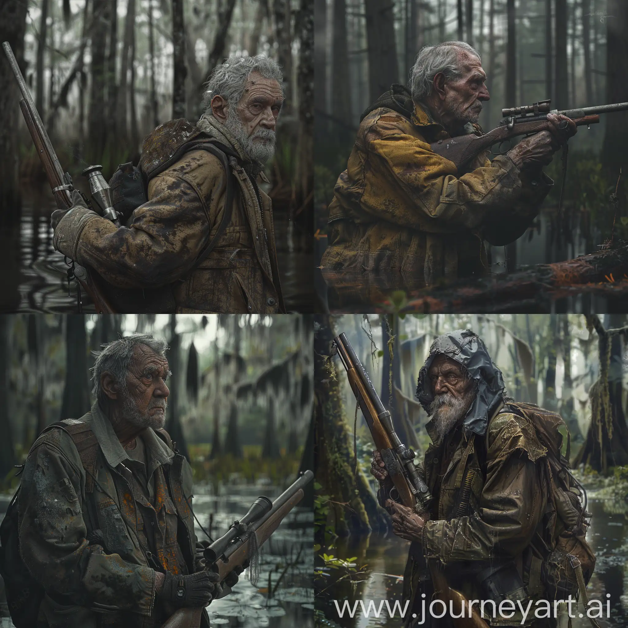 forest, swamp, old man with old rifle, old jacket, gloomy atmosphere, hyper-realism, 8K image quality, ultra detail 