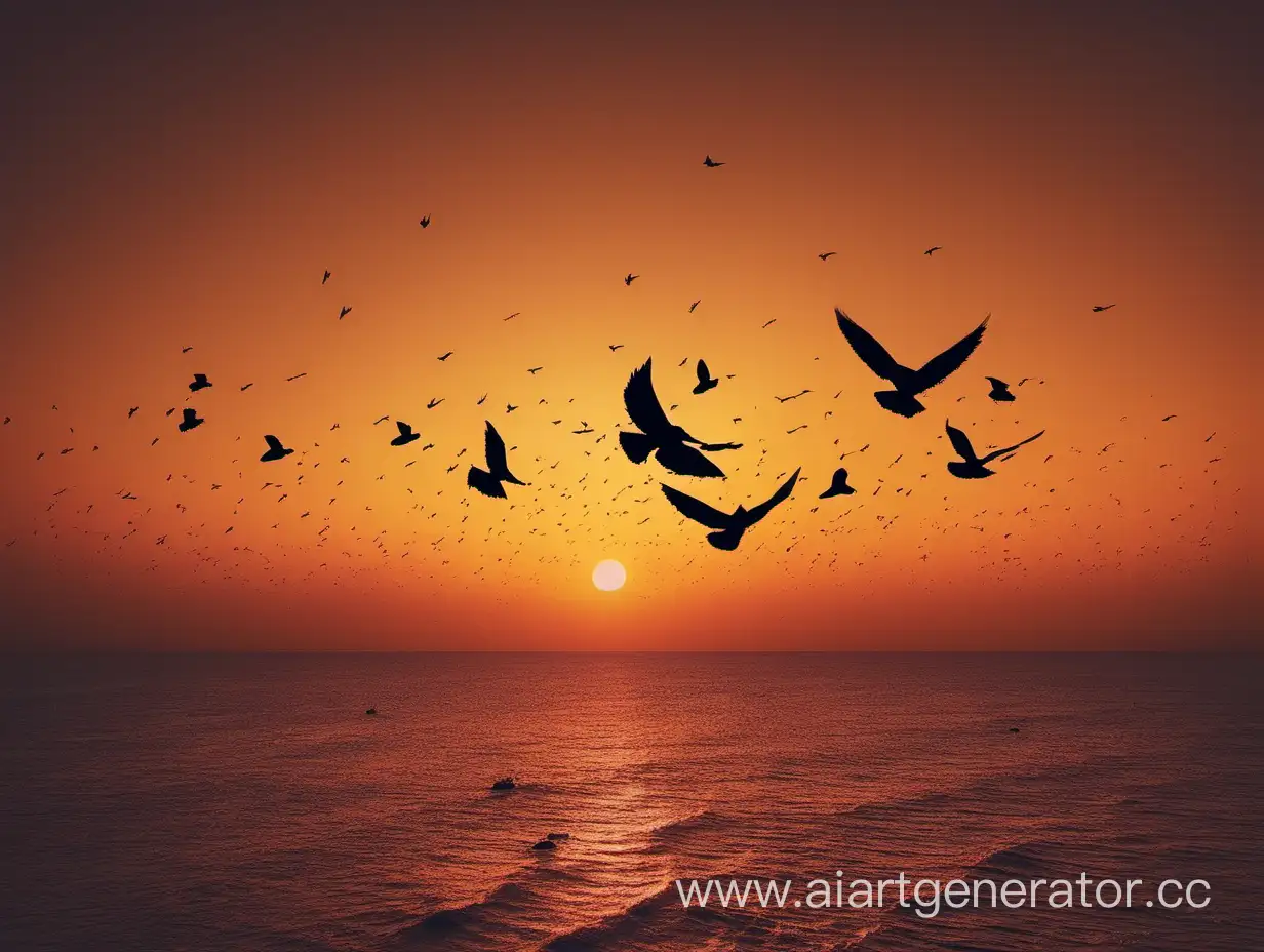 Vibrant-Sunset-Sky-with-Majestic-Flock-of-Flying-Birds