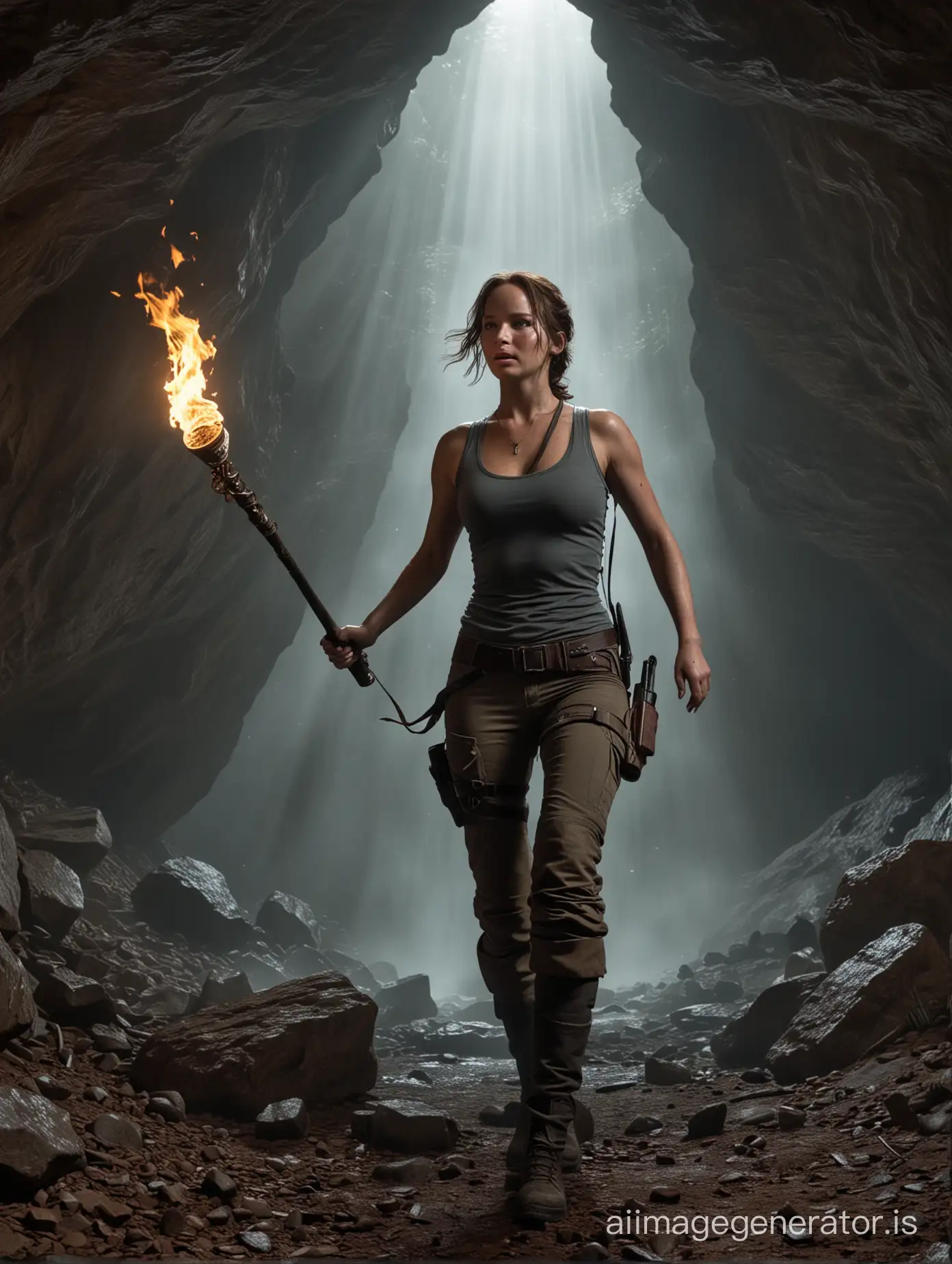 Jennifer Lawrence is playing Lara Croft in a cave holding a torch.