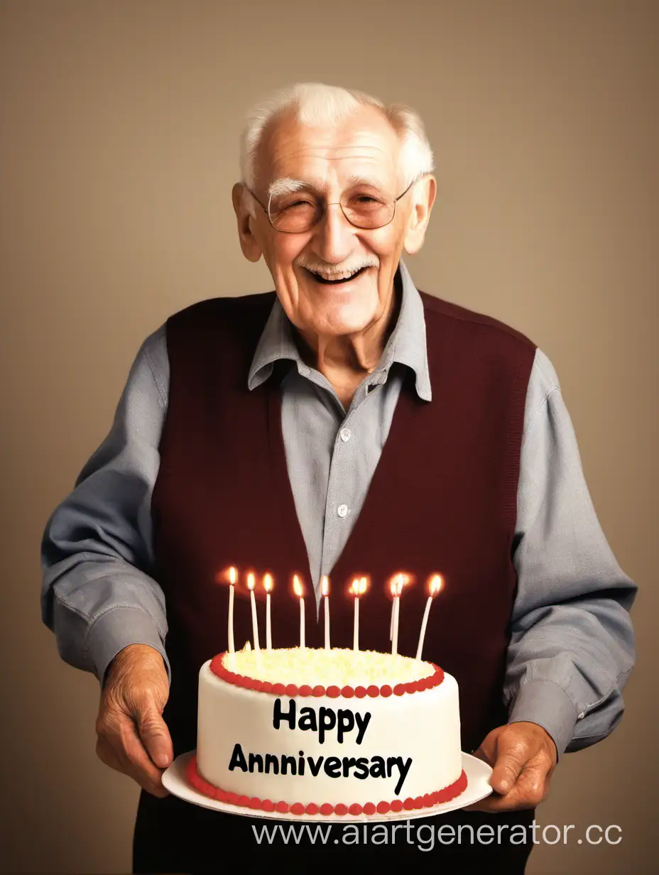 Дедушка держит торт с надписью «С юбилеем!»
