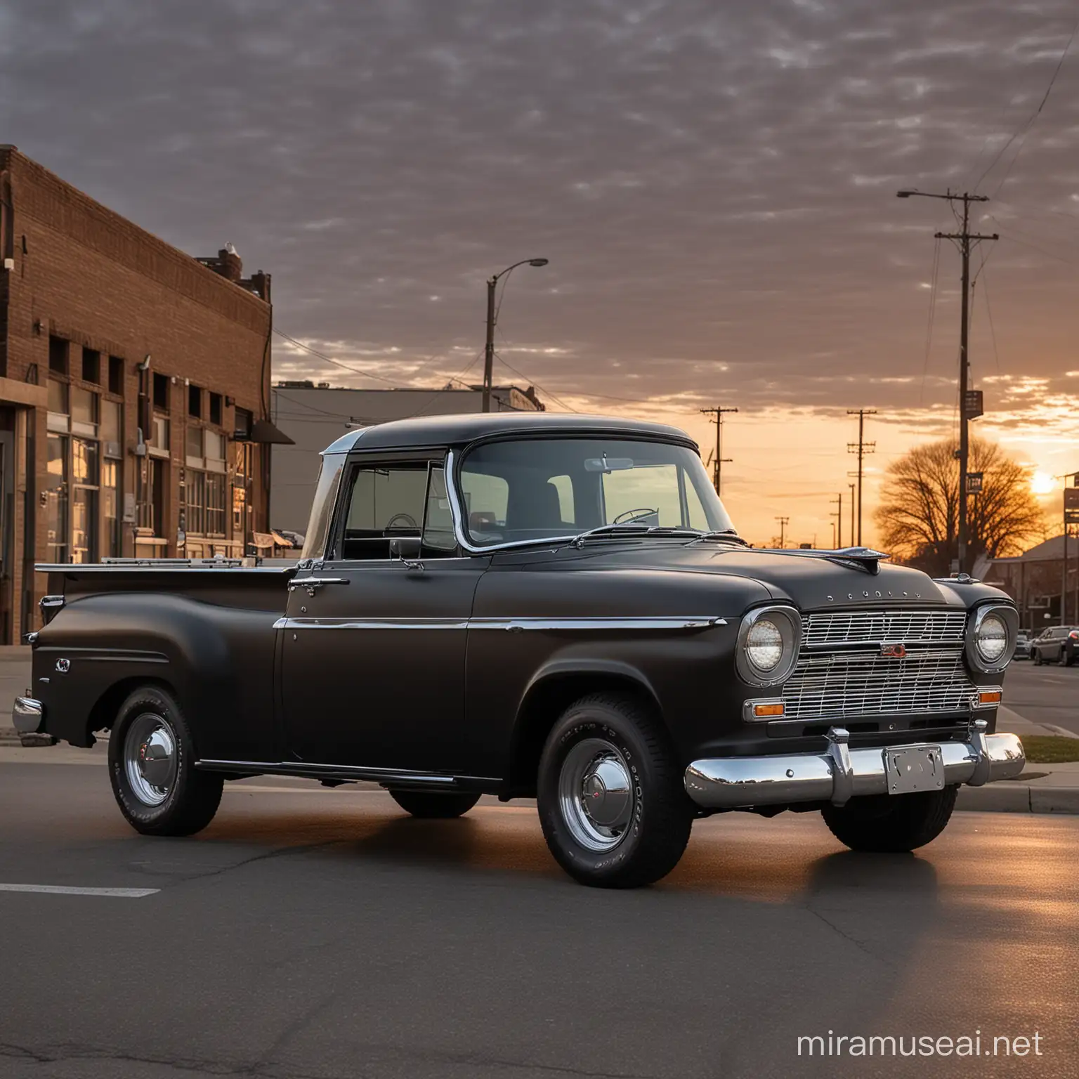Camioneta Rambler Grand Sport 1959, Clásica, color negro mate, estacionada en una calle de Des Moines Iowa, a las 7 de la mañana, la escena fotografica tiene una atmosfera de luz que cubre la carroceria de efectos de luz que la hacen ver muy hermosa.