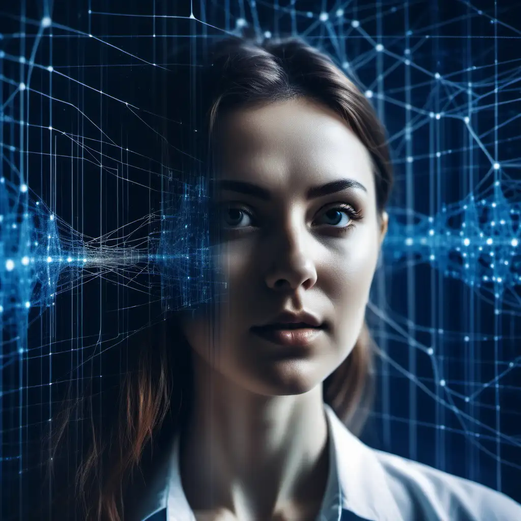 generate a film photo with reflection. display confident woman looking at dark blue technological neural networks. 