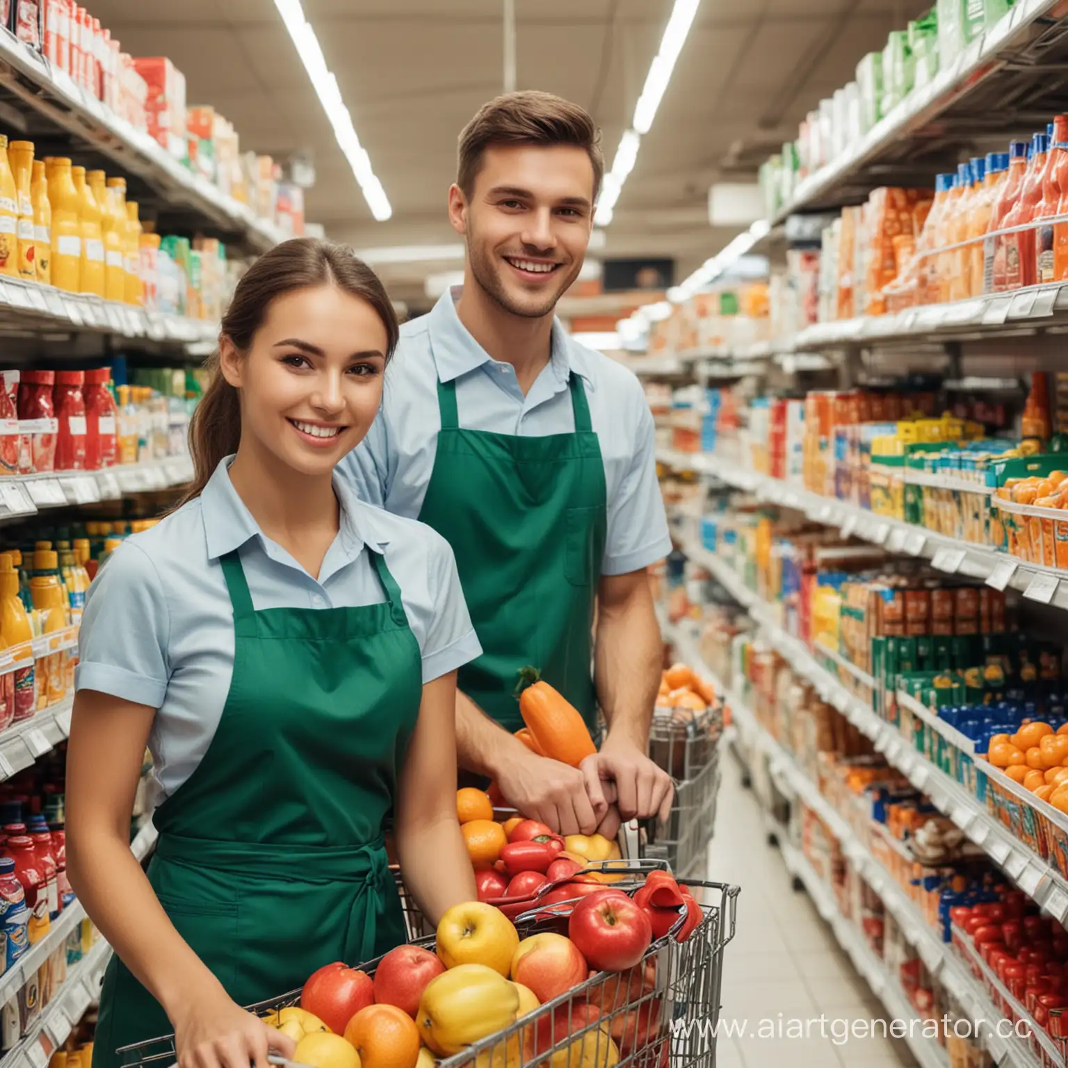 Smiling-Supermarket-Workers-Adult-Man-and-Woman-Positively-Engage-with-Camera