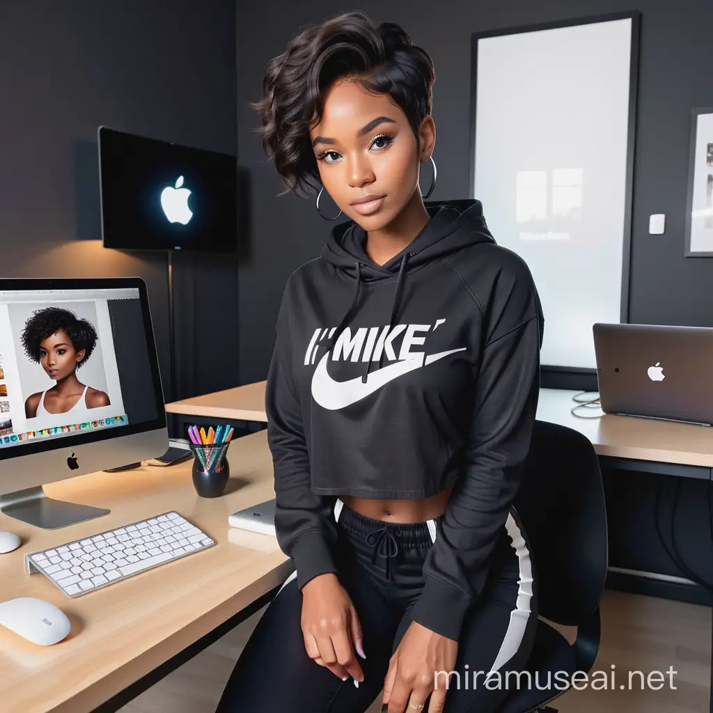 Create an image of an illustrate black beauty, flawless skin tone woman with short pixie hairstyle, sitting behind a black long office desk, with an Apple Mac laptop and an iPad on the desk, with an Epson printer on the desk, ring light in the office as a content creator, she has her Apple iPhone on the table, wearing a black hoodie with the words 'I Learn with Halfpint’, wearing a slightly cut out black jeans, black Nike sneakers, with a neon white sign on the wall written Halfpint