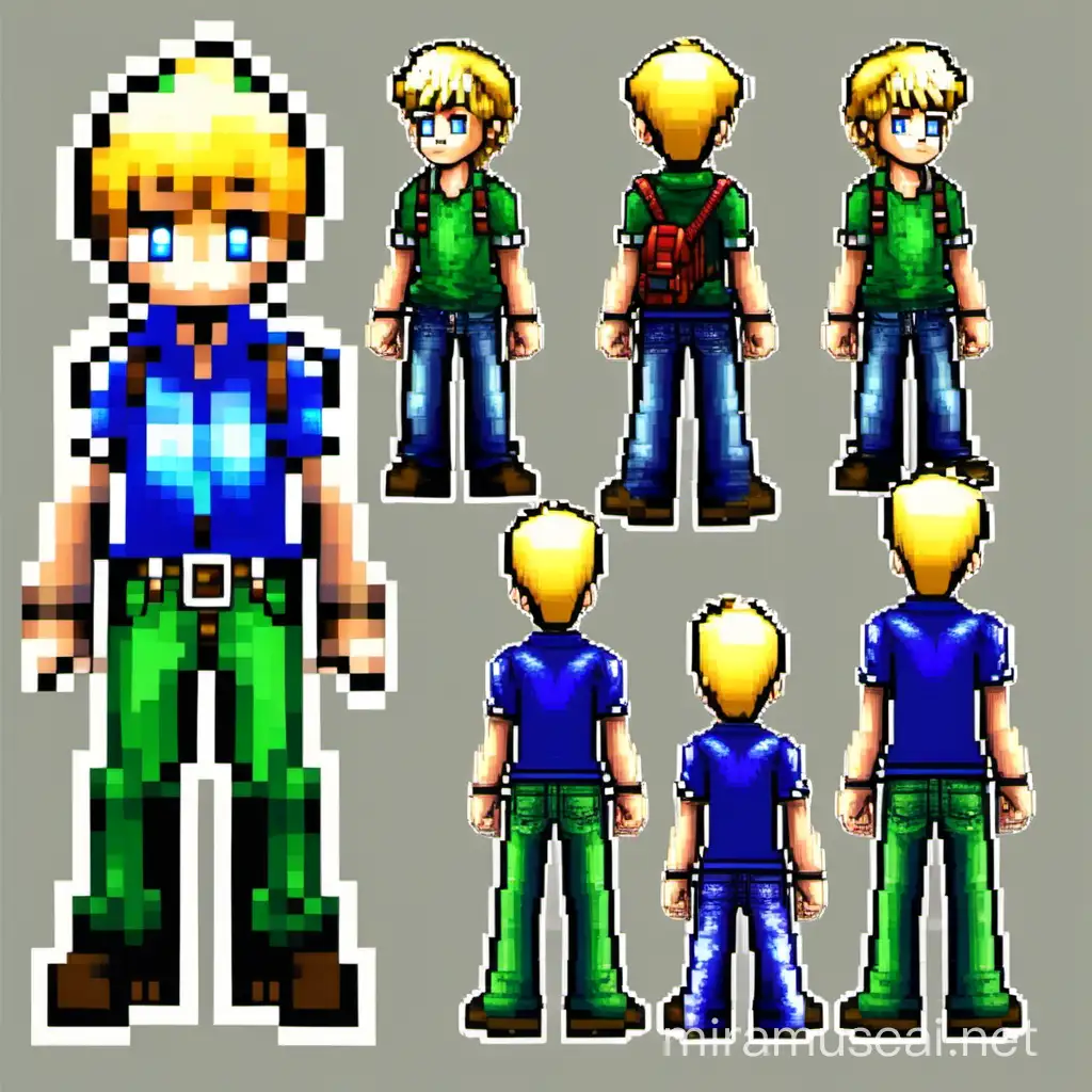 Pixel Art Teenage Boy Character in Green Shirt and Blue Pants Inspired by Terraria
