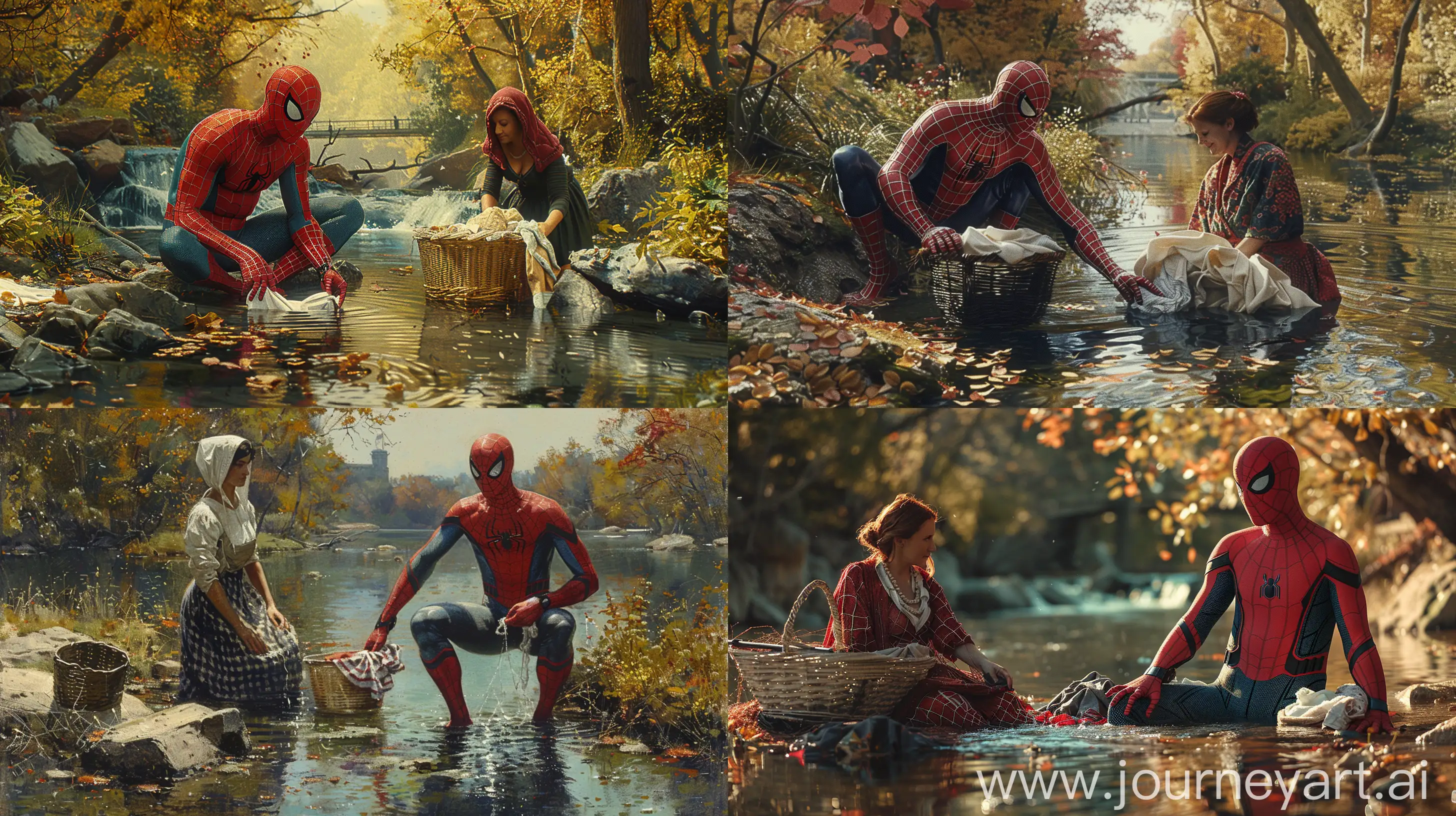  Spiderman and his wife doing laundry by a serene river, superhero commitment to household chores, vivid details, iconic costume, tranquil waters, picturesque setting, juxtaposition of action-hero with domestic life, engaging narrative tableau --v 6 --ar 16:9 --s 300 --c 5