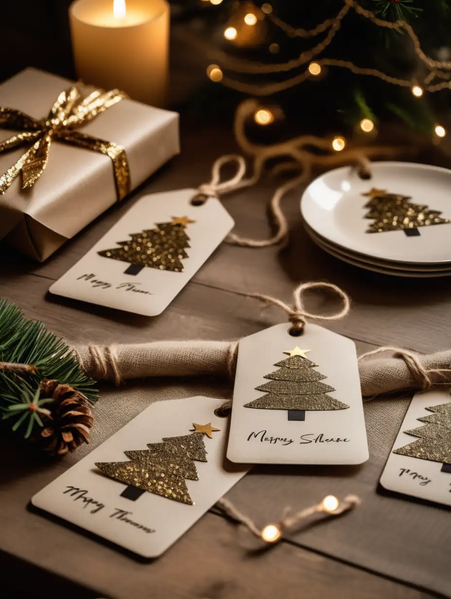 Christmas tree card stock handmade gift tags (twine, gold glitter card stock, natural card stock) with names in english on them wrapped around linen napkins, laid out messily on a wooden table, moody ambient lighting, artistic angle
