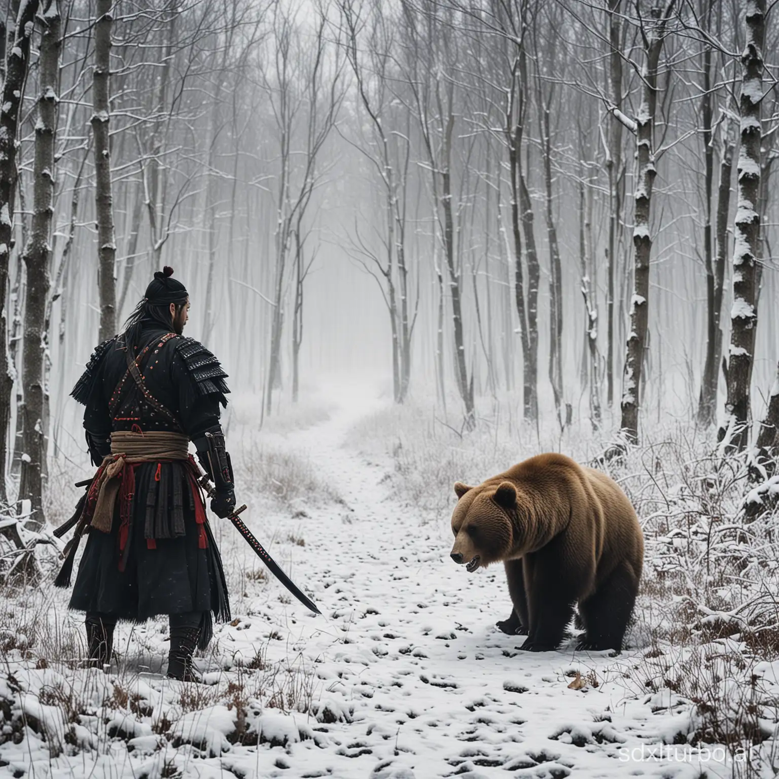 Samurai versus bear winter forest