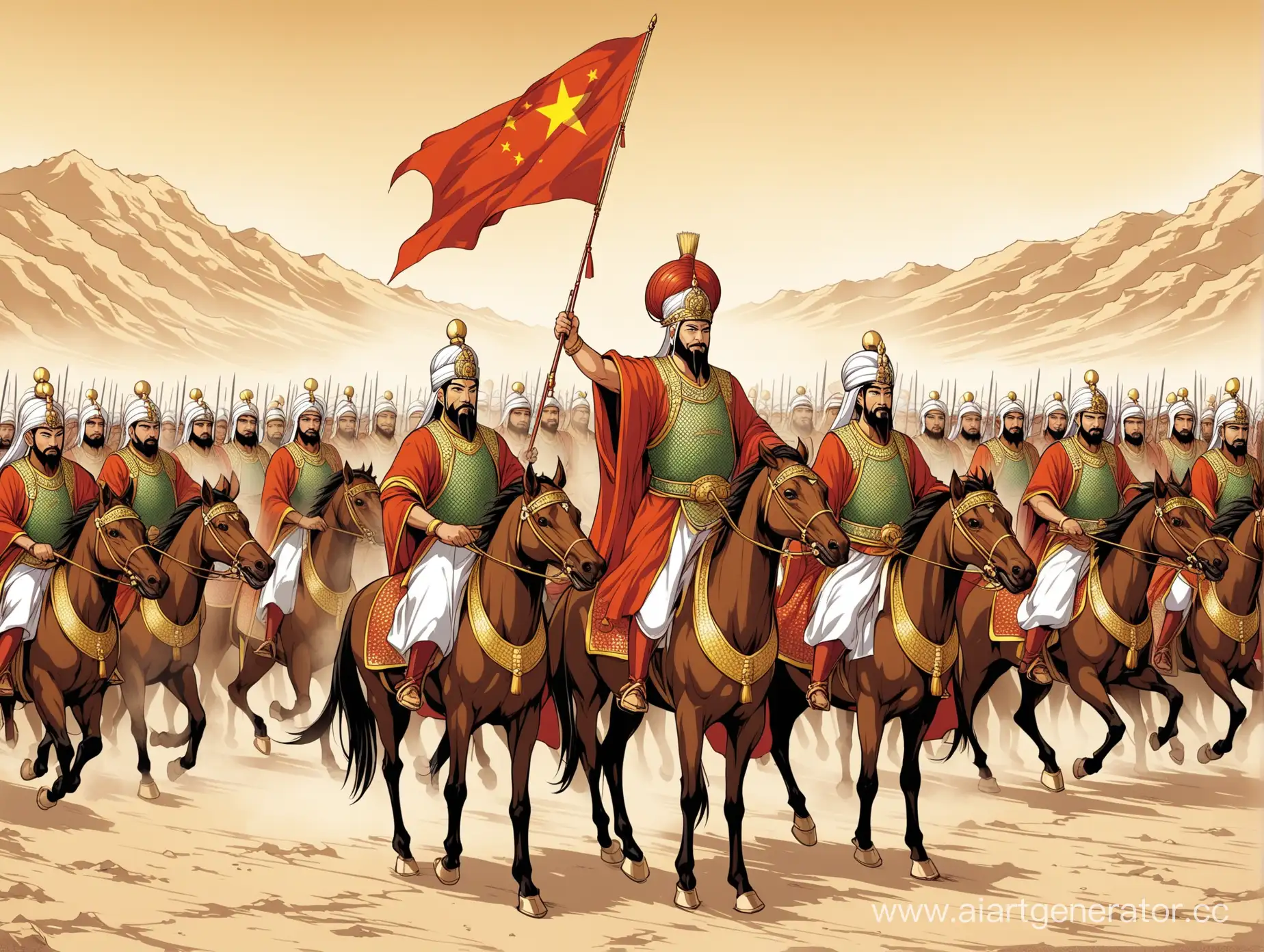 Китайский император позвал арабских воинов для защиты своей страны от врагов, в стиле азиатской графики