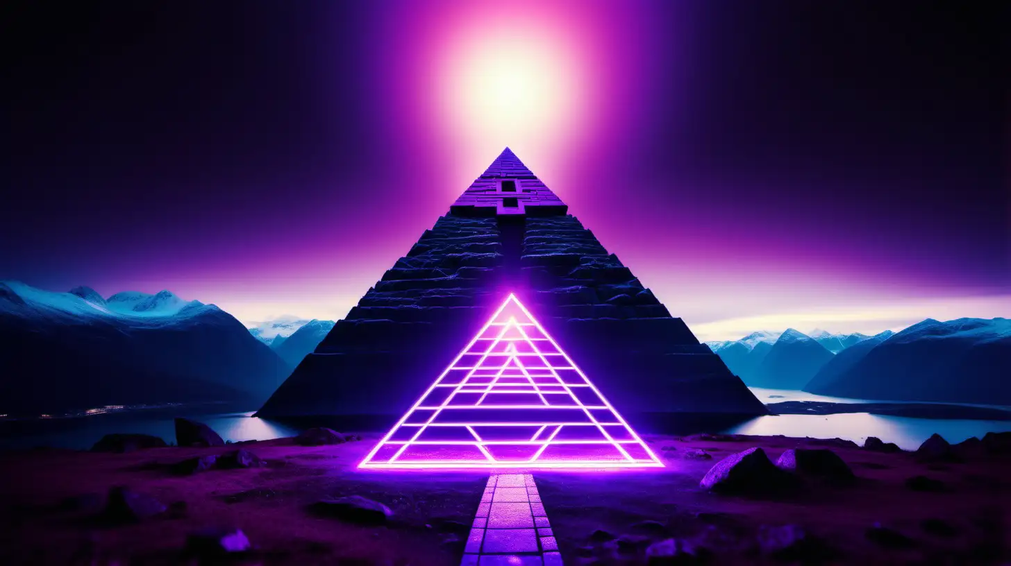 neon blurred wide-angle view of a PYRAMID, Norwegian fjords in the backdrop, purple-tinged gradient effect, futuristic illuminated symbols and hyerogliph, high contrast, mysticism