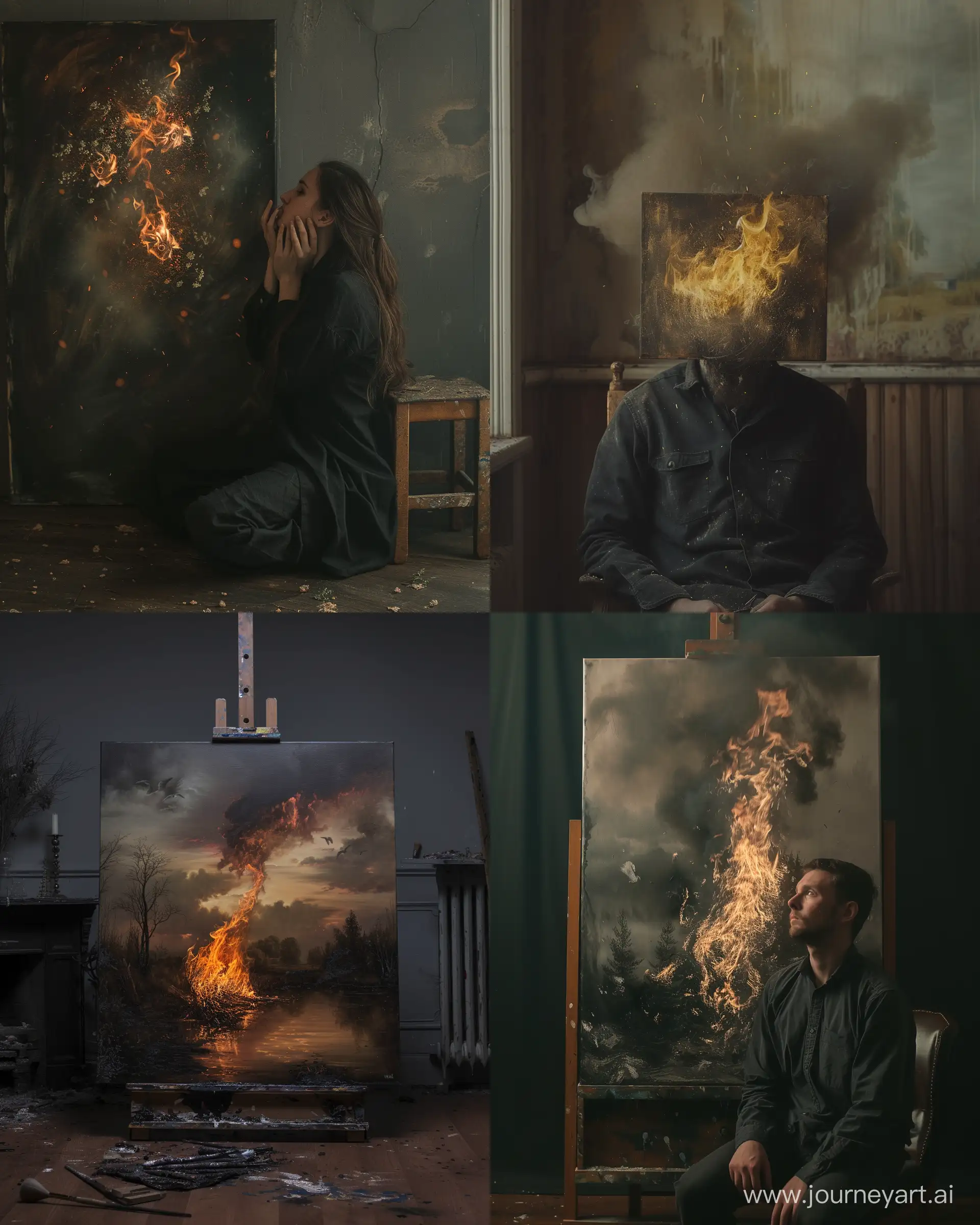 surrealism staged photography of surrealism atmosphere with a burning painting --ar 4:5