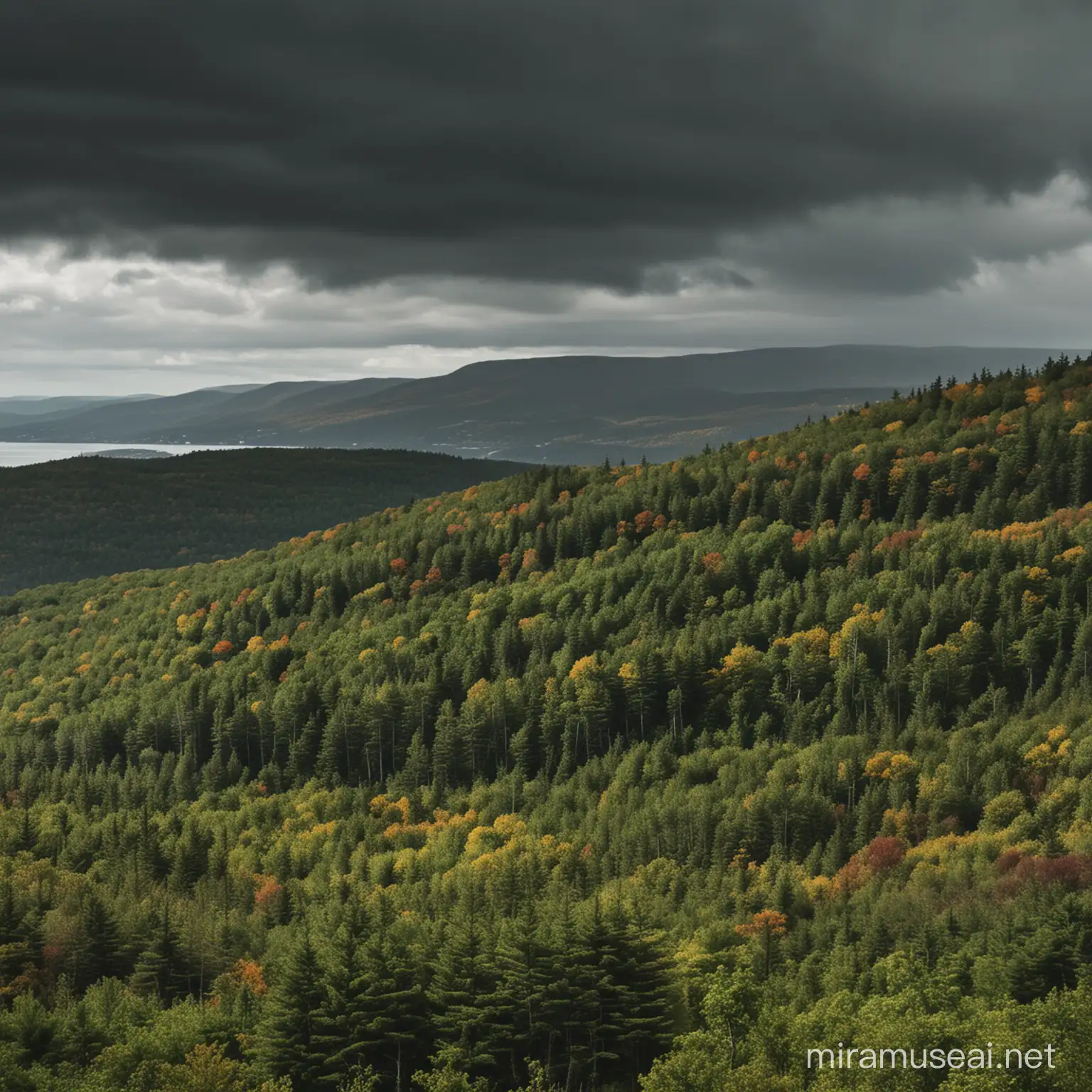 upshot of cape breton island hilly, lush green forest from a distance, moody sky in the background, autumn, photorealistic,