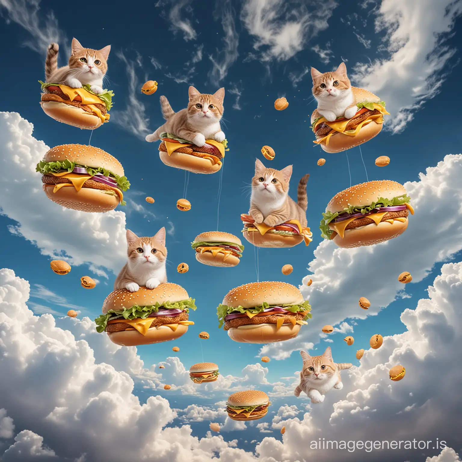 cute cats in clouds of burgers in the sky