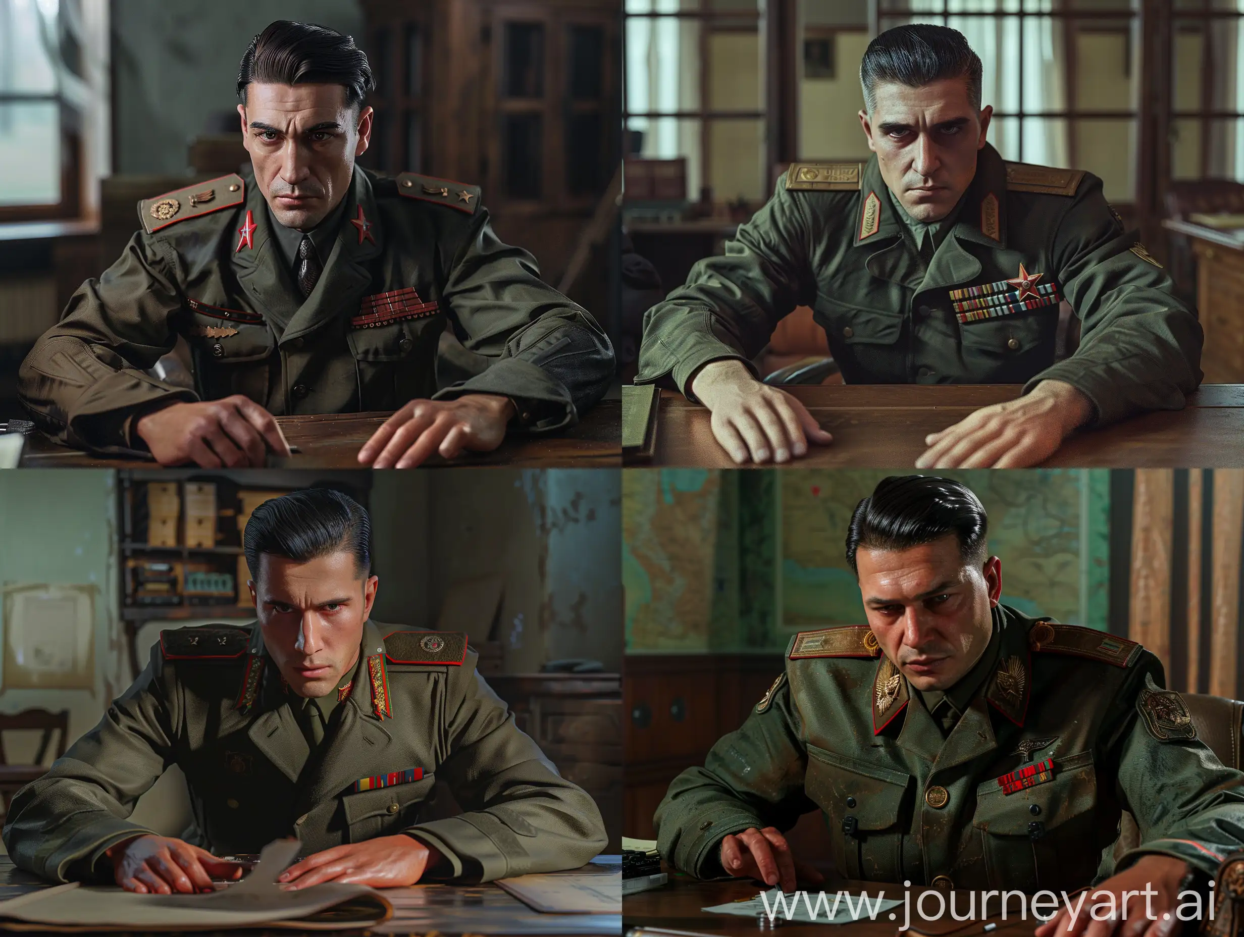 Soviet soldier, military jacket, Dark hair slicked back, sitting at desk, looking at camera, hands on table, captain's epaulettes, soviet office, hyperrealism, 8K image quality
