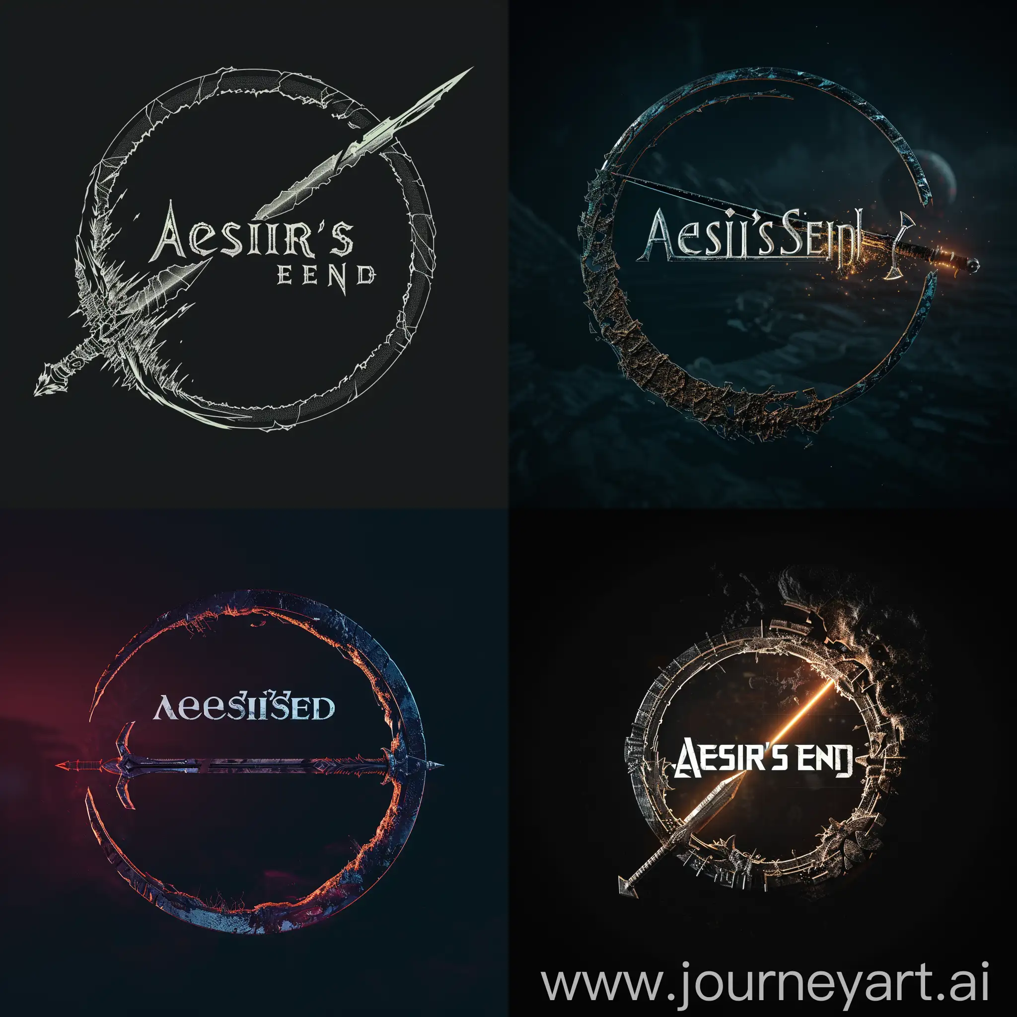 Come up with a logo for an FPS videogame about killing Nordic gods, called "Aesir's End". be inspired by the FALLOUT videogame franchise logo or the Elder Scrolls videogame Logo. Have a futuristic viking sword go through the text, and the bottom of the circle should be deteriorating.