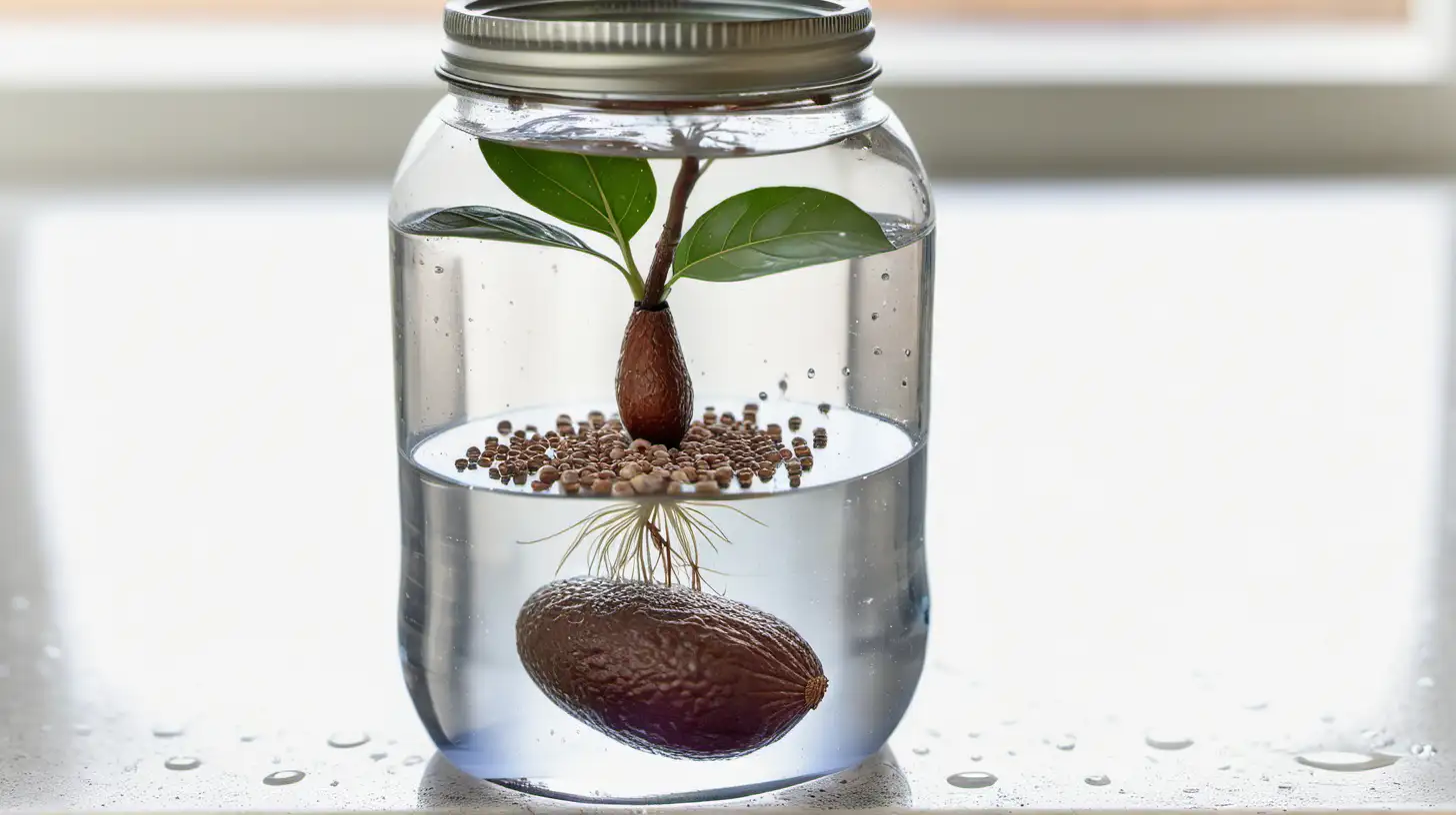 avocado seed growing in jar of water
