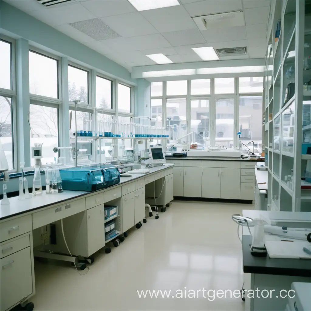 a medical laboratory with only one window. in the foreground is a table