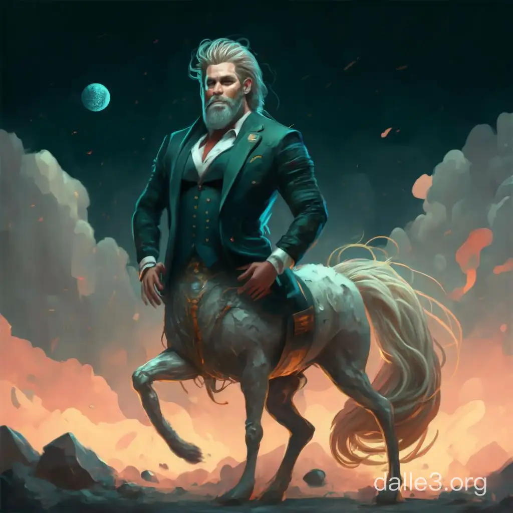 middle aged centaur wearing a dark business suit.  the centaur is white and has a beard.  in a fantasy art style