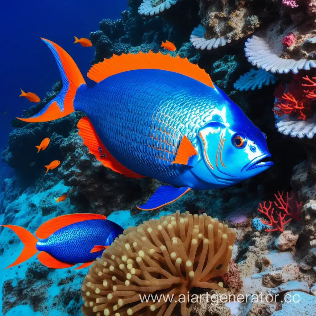 большая синяя рыба размером 2 метра  с оранжевыми плавниками с видом сбоку на фоне  огромногомножества таких же синих рыб с оранжевыми плавиками поменьше и корралов