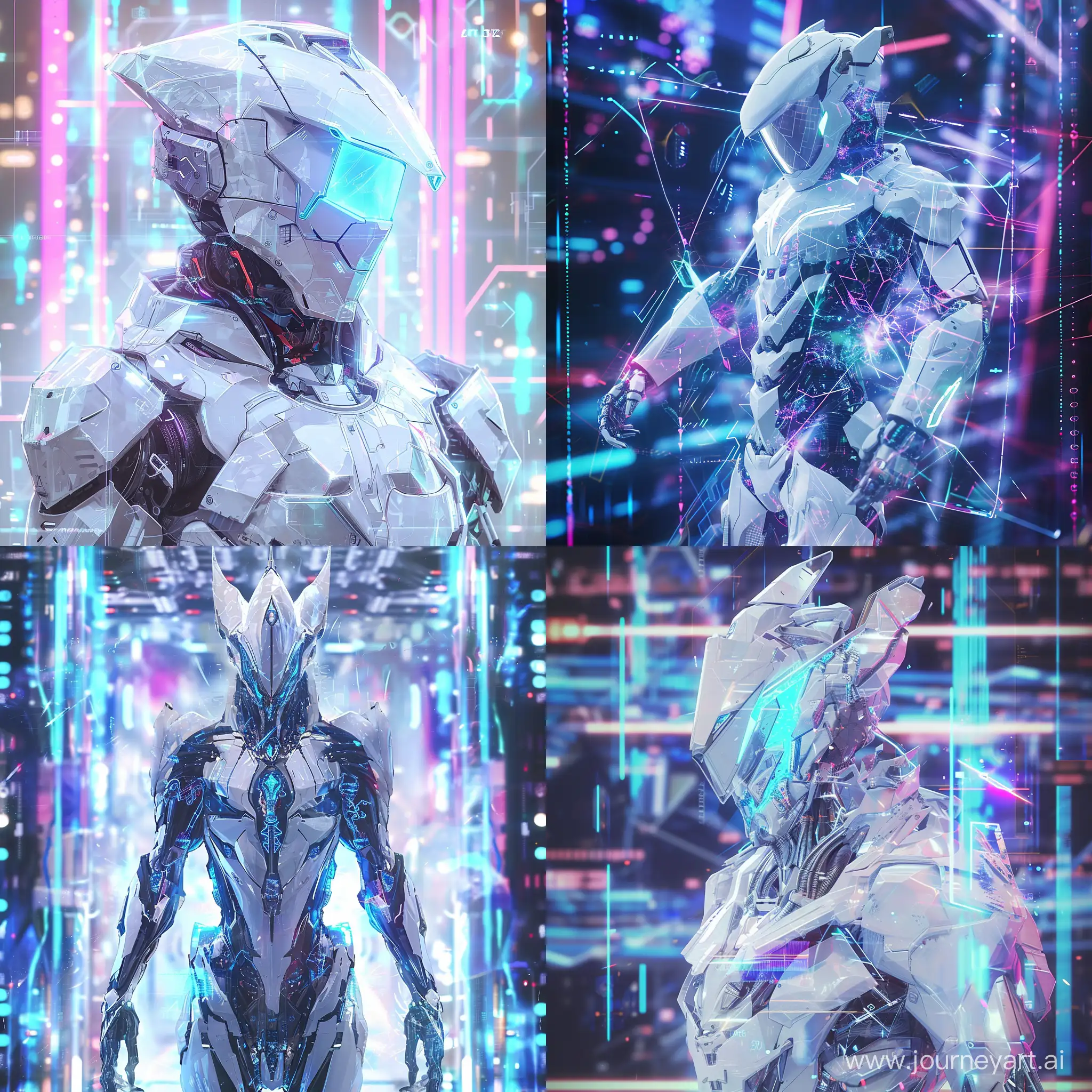 Subject: The main subject of the image is a holographic representation of a cybernetic white knight, emphasizing a futuristic and technologically advanced theme. The hologram is the focal point, creating a visually striking centerpiece. Setting: The setting is a sci-fi environment, characterized by sleek and minimalist design elements. The use of advanced technology is evident, with holographic projections contributing to the futuristic atmosphere. The color palette likely includes cool tones to enhance the high- tech ambiance. Background: The background is carefully chosen
to complement the sci-fi theme, featuring intricate digital patterns or abstract shapes. These elements contribute to the overall sense of immersion and convey a sense of the digital realm. Style: The style of the image is characterized by a blend of cyberpunk aesthetics and futuristic elements. The cybernetic white knight is likely to have sleek, angular designs, giving it a cutting- edge and modern appearance. Coloring: The color scheme leans towards a palette dominated by blues, purples, and silvers to convey a sense of technological sophistication. Neon accents may be used to add vibrancy and highlight key elements. Action: The holographic white knight may be depicted in a dynamic pose, suggesting readiness for action. This adds an element of excitement and energy to the image, engaging viewers and creating a sense of movement. --v 6