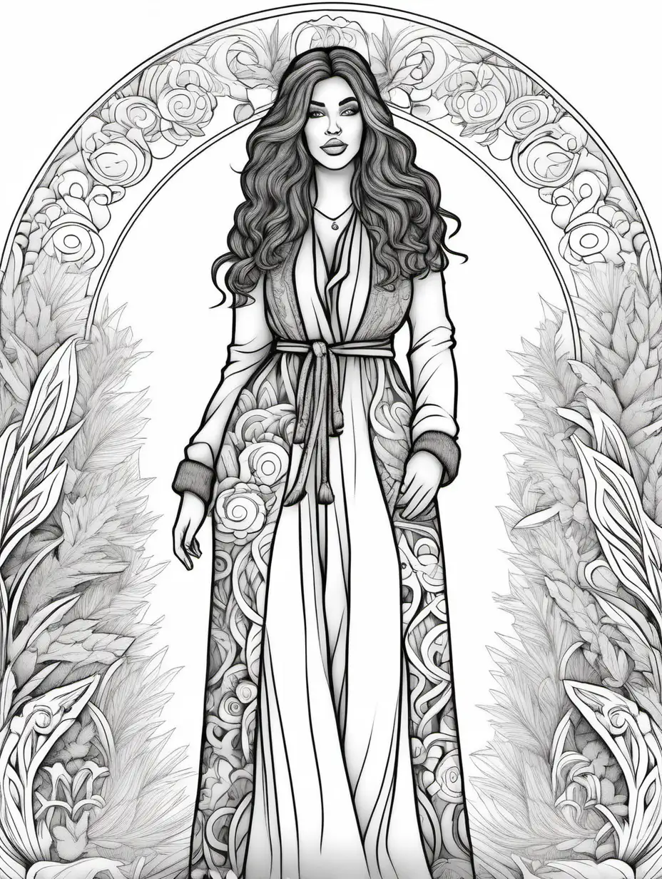 create a tall coloring page of a curvy bohemian woman in winter clothes, black outlines, no shades, no shading, no grayscale