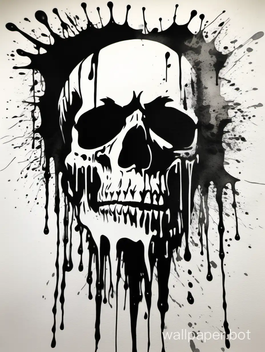 mad skull, very fluid drip paint, watercolor highcontrast, stencil art, monochromatic, 