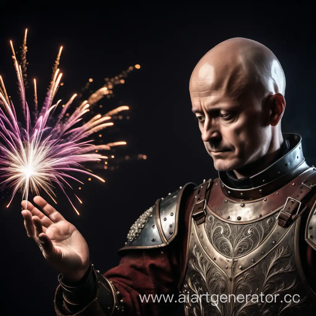 Forty year old man with no hair looks at his hand, little fireworks coming out of his hand, Medieval leather armor