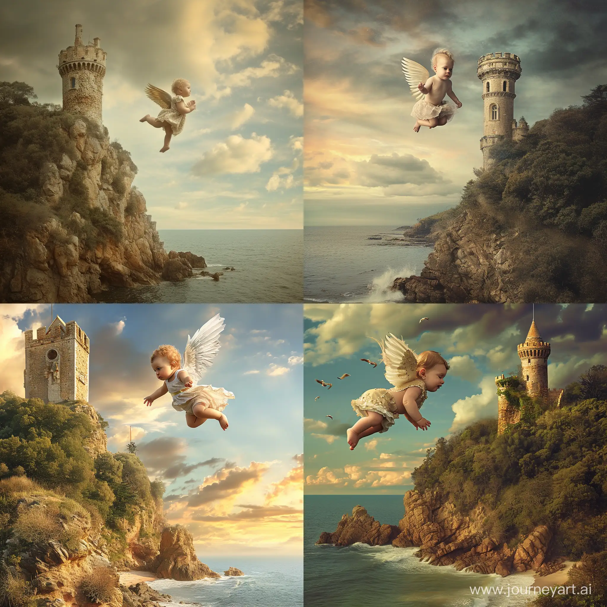 Cherubic-Infant-Soaring-from-Enchanted-Castle-Tower-to-Coastal-Haven