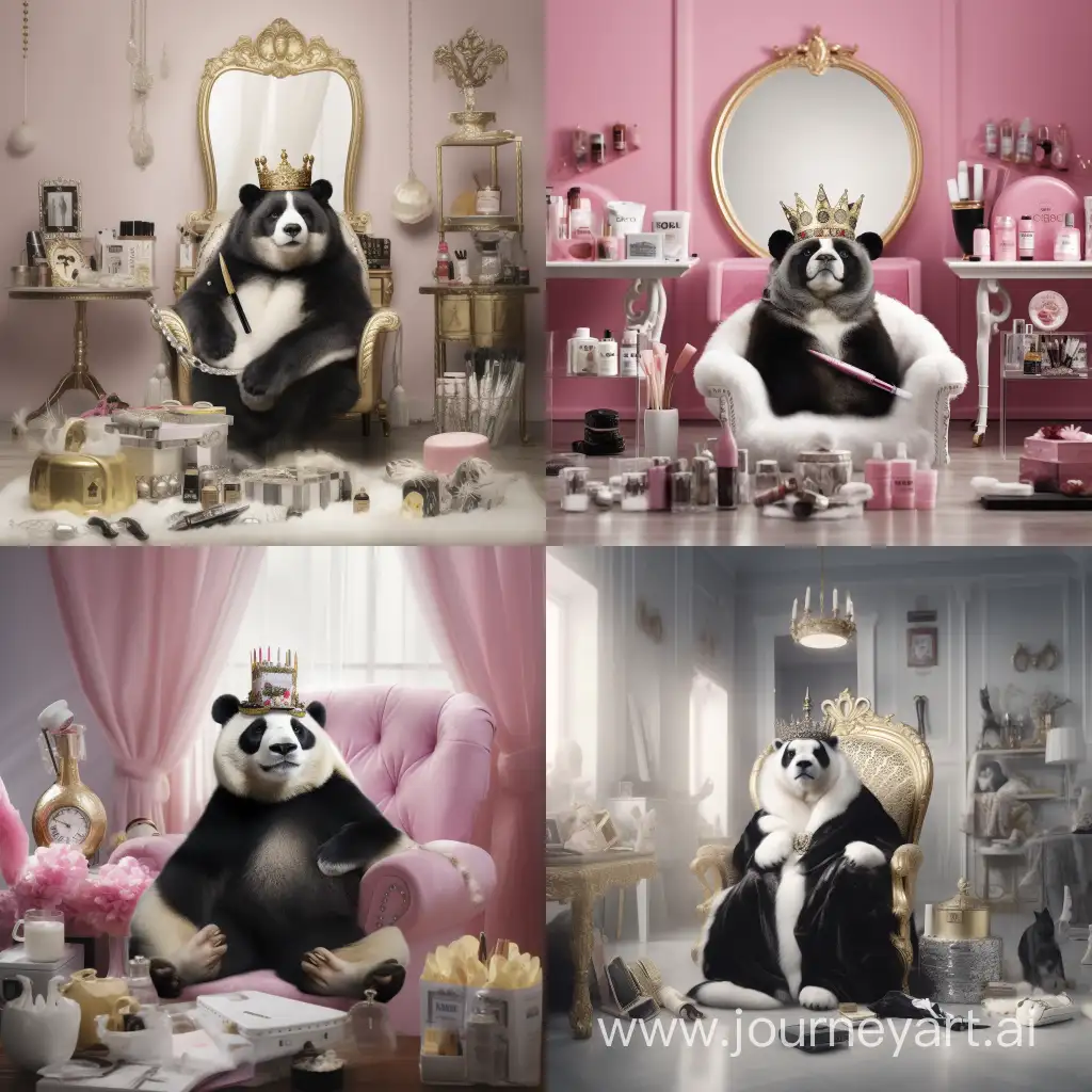 Create me an image photoriastic at eye level master shot of a cute black and white panda animal, wearing golden crown on her head, She is sitting relaxing in beauty salon with a beauty products next to her. 