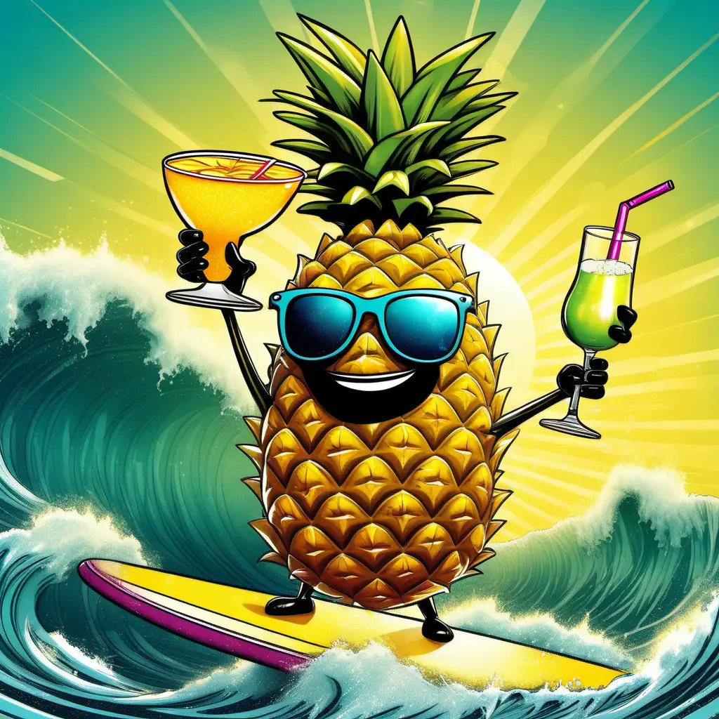 Cheerful-Pineapple-Riding-Wave-with-Margarita-Drink-and-Sunglasses