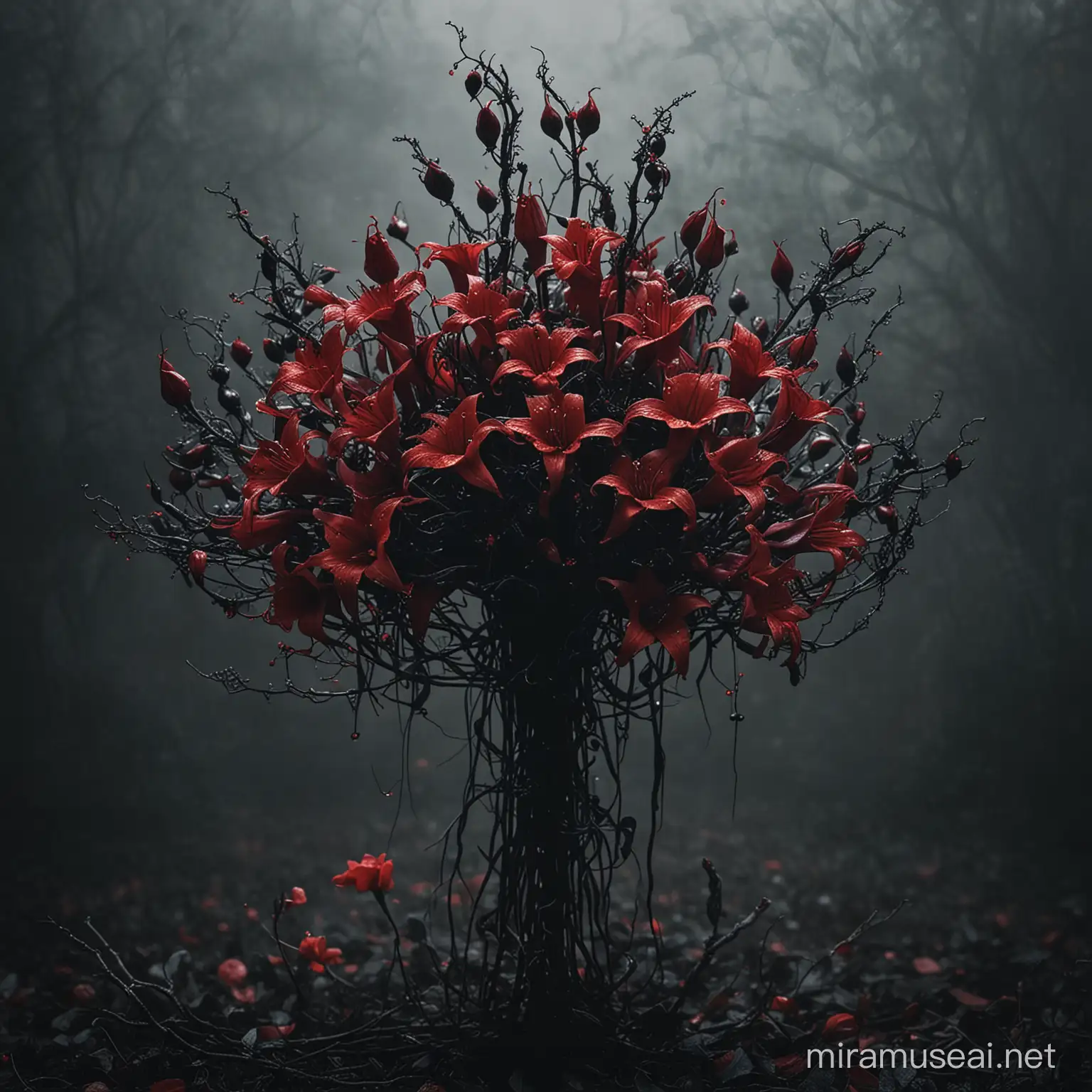 A sinisterly beautiful Devil's flower bouquet, each bloom oozing with malevolent allure. The delicate petals are a deep shade of crimson, contrasting against the glossy black thorns that snake up their stems. The arrangement is set against a backdrop of swirling mist, giving it an otherworldly and haunting quality. This haunting image is a high-quality, surreal and captivating photograph that captures the dark beauty of these devilish flowers.