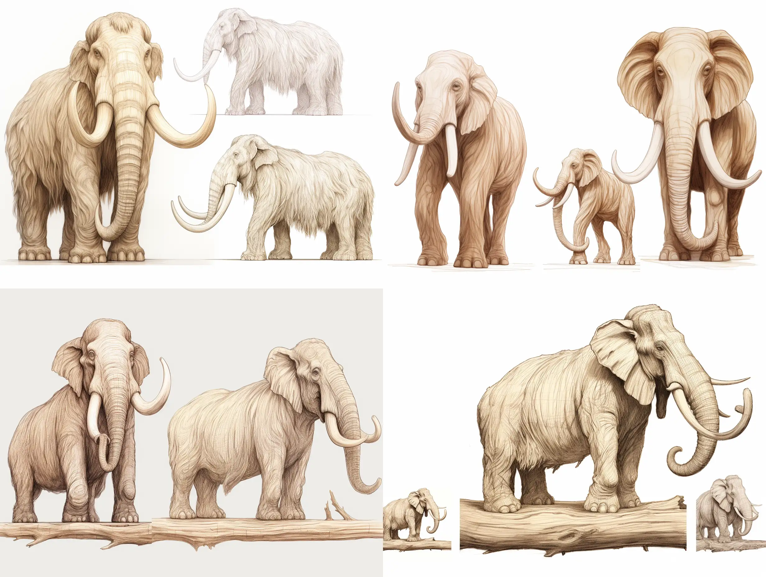 Professional sketch for wooden sculpture, a full-length woolly mammoth in profile on a large wooden log, professional dynamic character, front back view and side view, wood carving, white background, 8k Render, ultra realistic