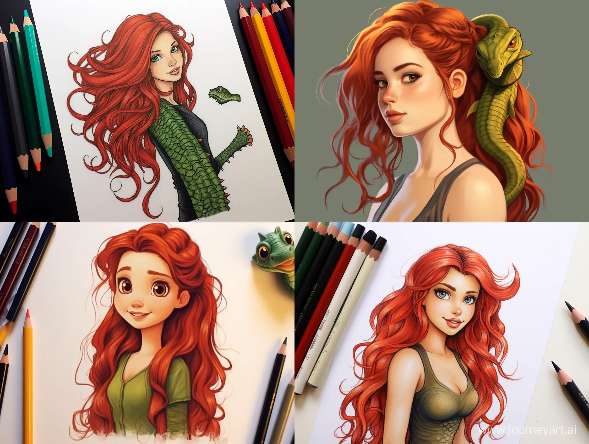 Нарисуй худую девушку крокодила с красными волосами и пышной прической