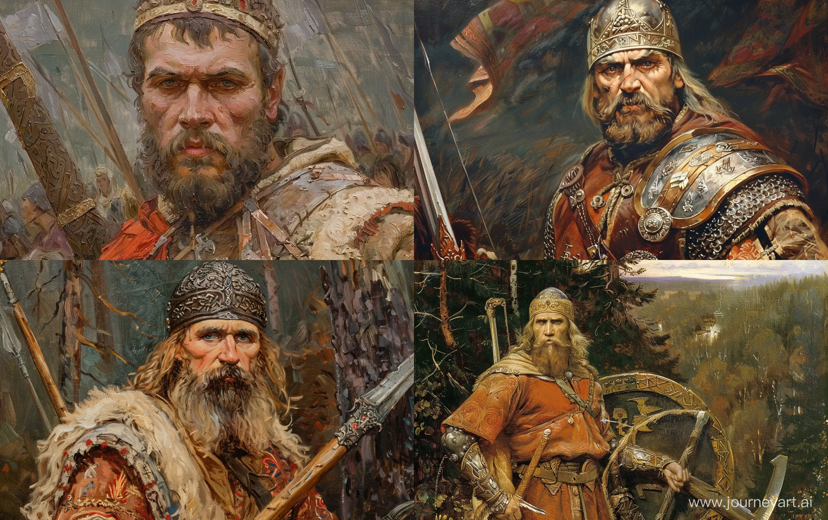 Ilya Muromets Russian epic warrior, Vasnetsov style, realistic --ar 16:10