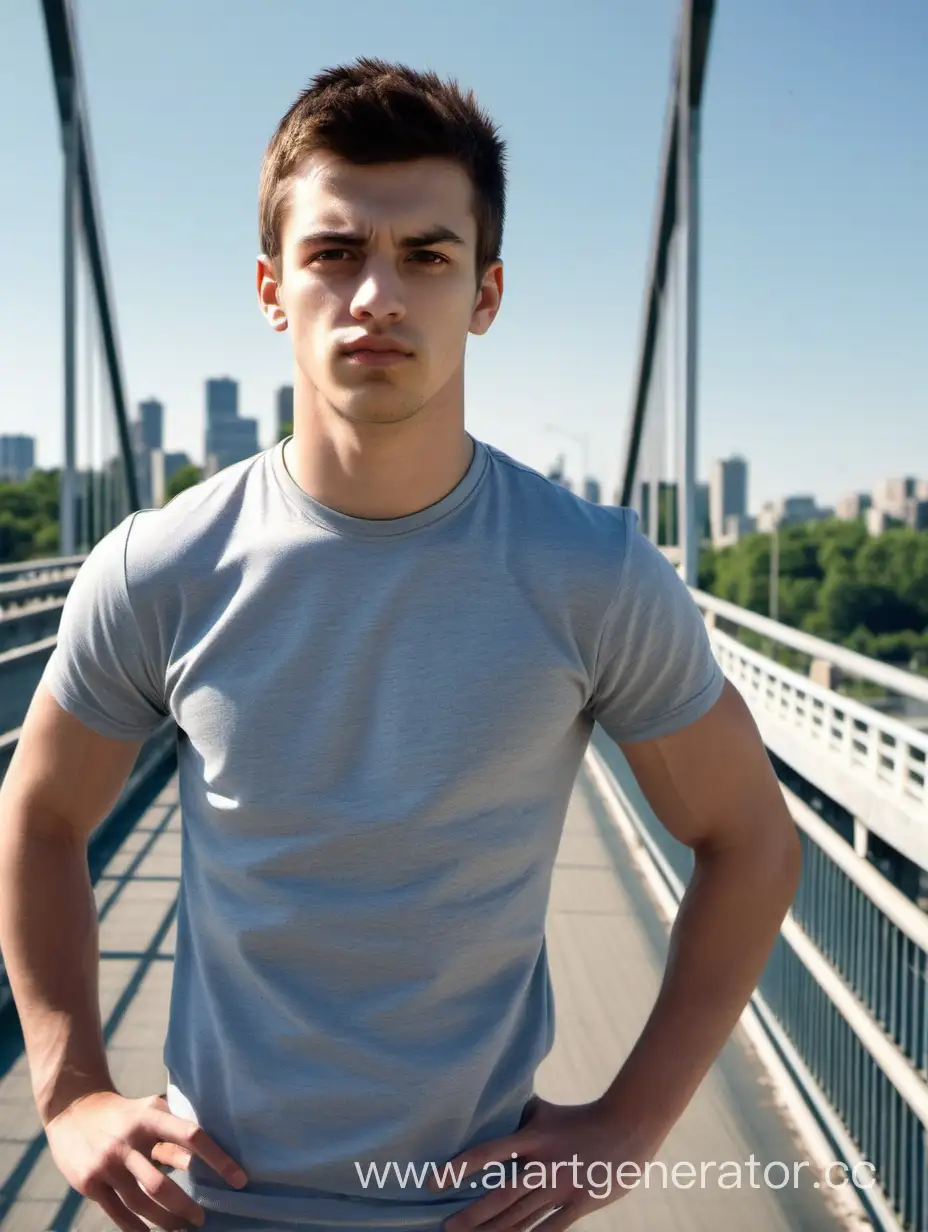Спортивный, подкачанный парень, которому примерно 25 лет, на мосту в яркий солнечный день, с серьезным лицом